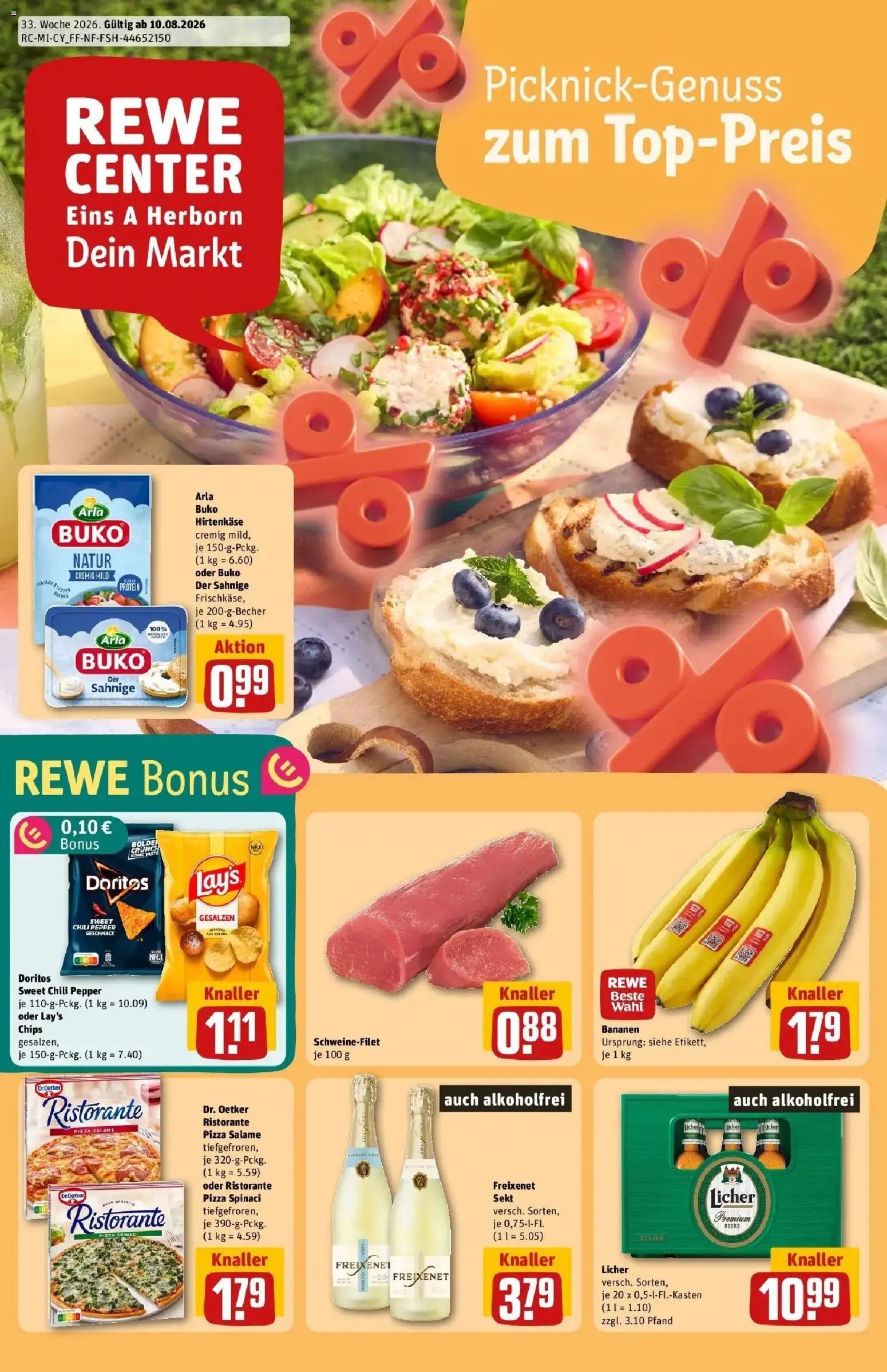 REWE Prospekt ab 10.08.2026 zum Blättern » Angebote | Seite: 1 | Produkte: Ristorante, Bananen, Schweinefilet, Pizza
