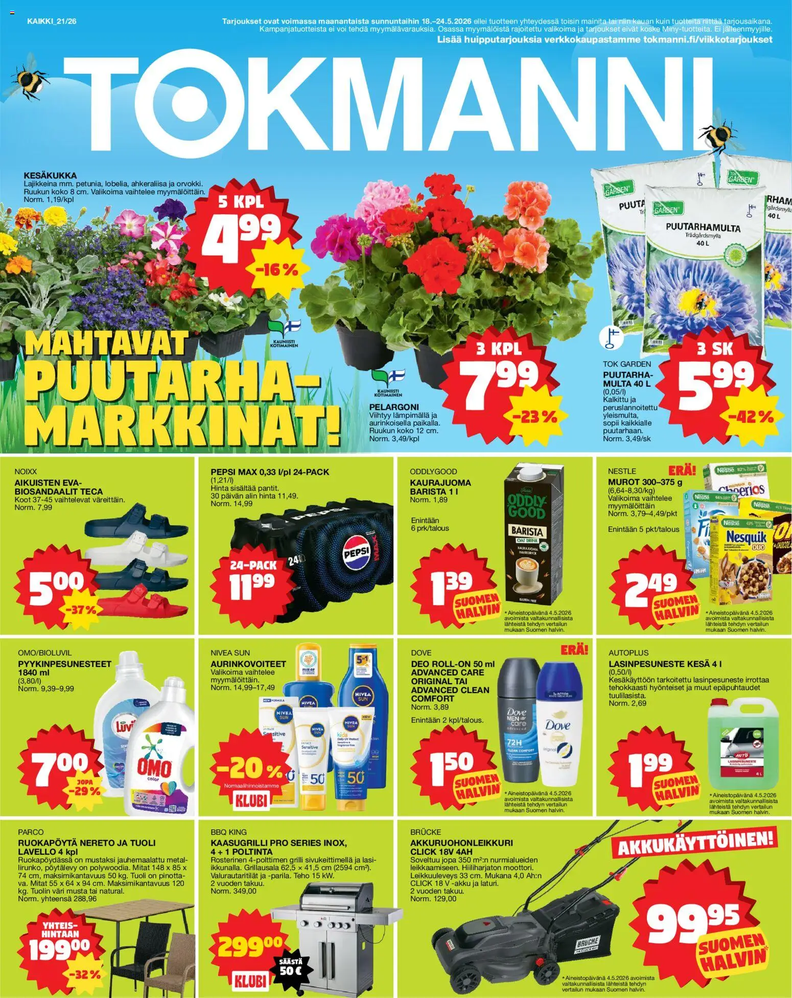 Tokmanni tarjoukset – voimassa 18.05.2026 alkaen | Sivu: 1 | Tuotteet: Grilli, Kaurajuoma, Tuoli, Voi
