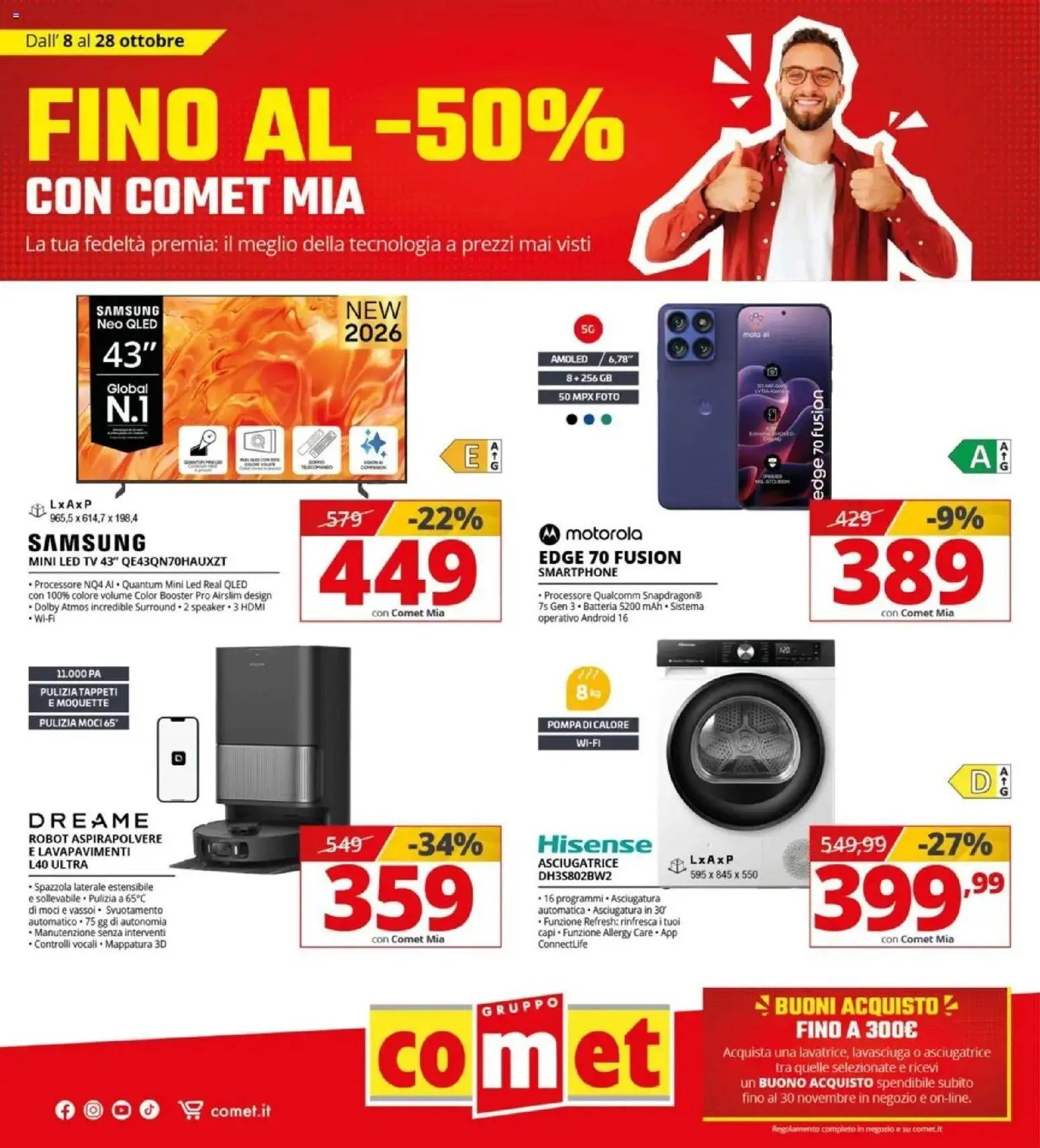 Volantino Comet del 08/10/2026 | Pagina: 1 | Prodotti: Lavasciuga, Smartphone, TV, Samsung