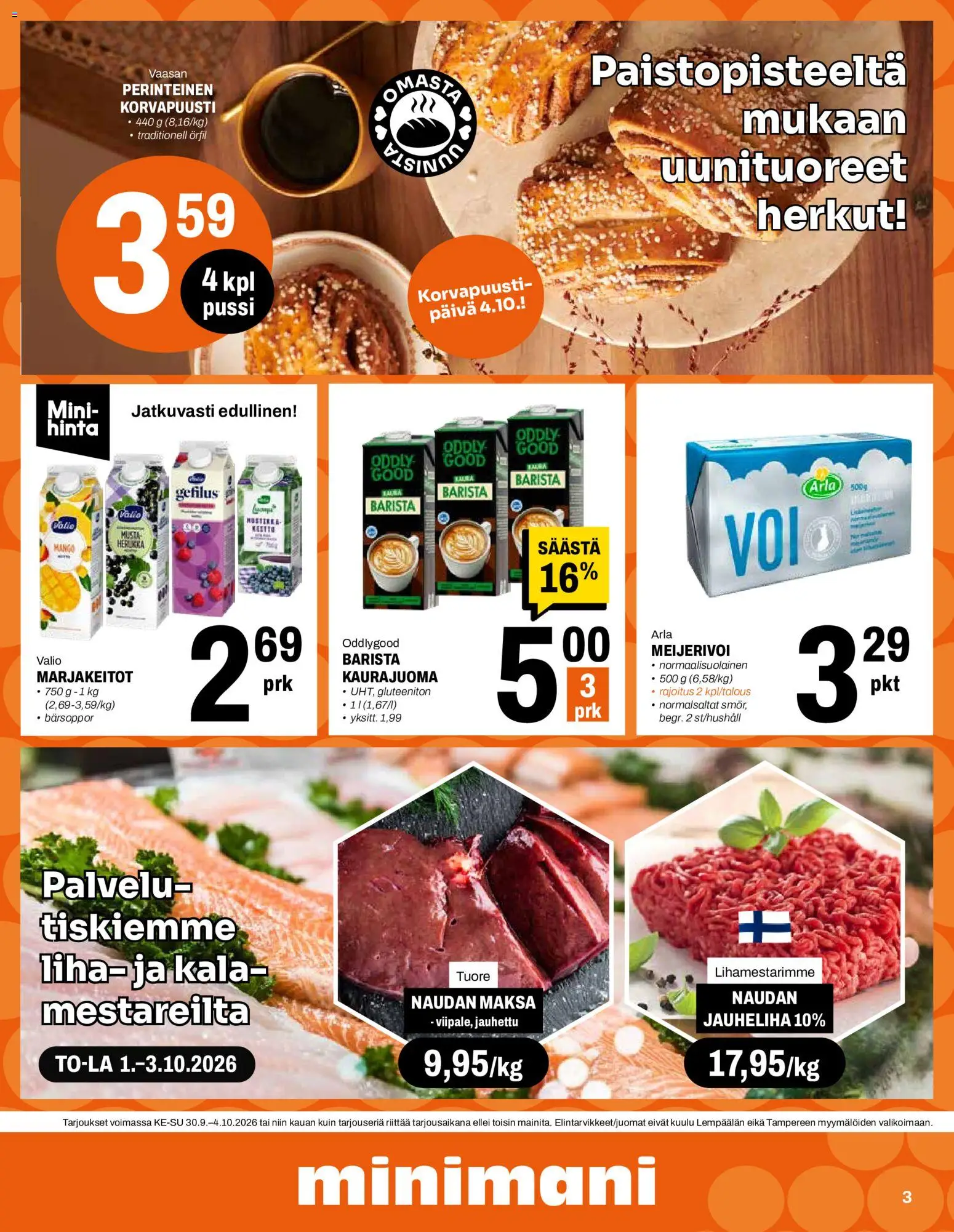 Minimani tarjoukset – voimassa 30/09/2026 alkaen | Sivu: 3 | Tuotteet: Jauheliha, Kaurajuoma, Kala, Liha