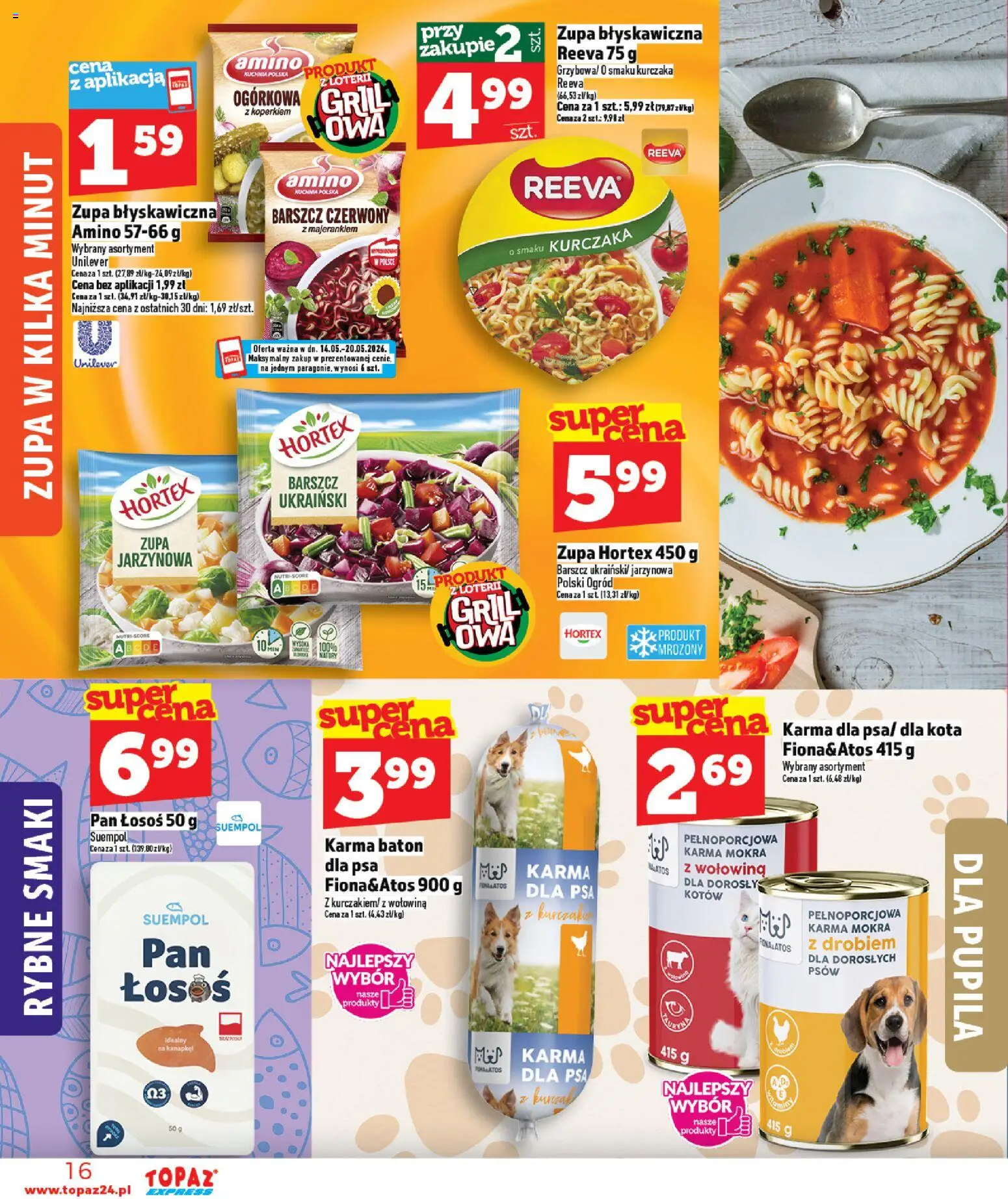 Topaz gazetka - Express od 14.05.2026 | Strona: 16 | Produkty: Barszcz, Łosoś, Baton, Zupa