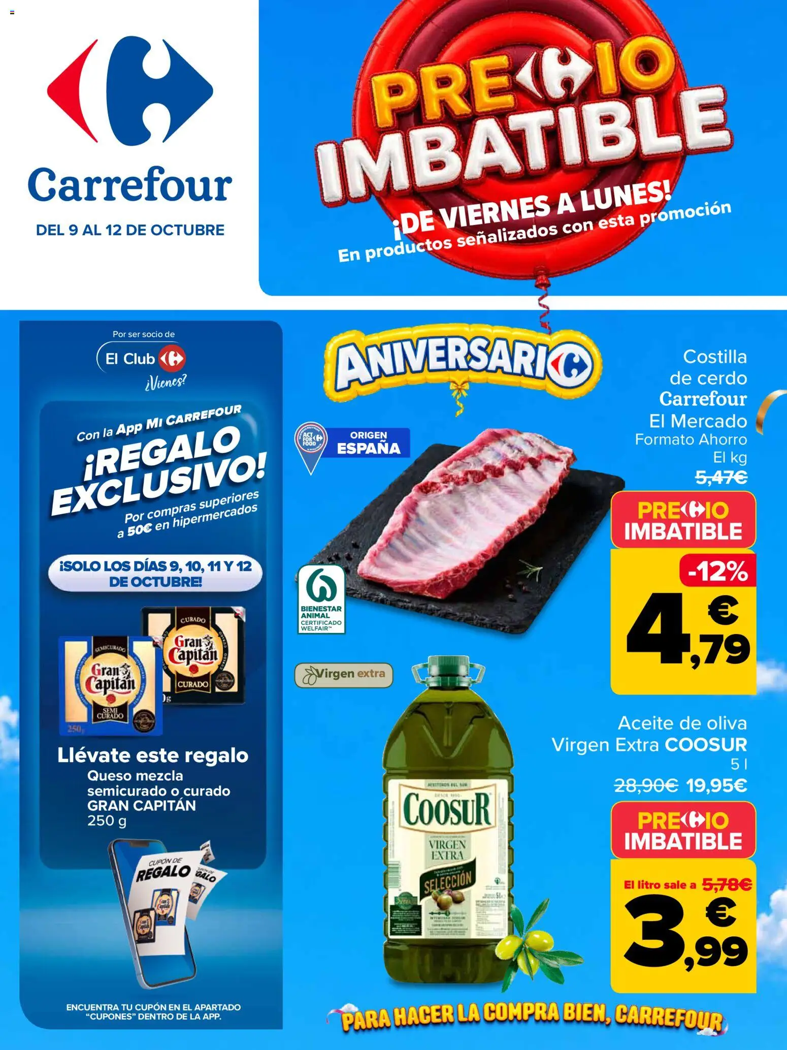 Carrefour Precio Imbatible │ válido desde el 09/10/2026 | Página: 1 | Productos: Queso, Cerdo, Aceite de oliva virgen extra, Costilla de cerdo
