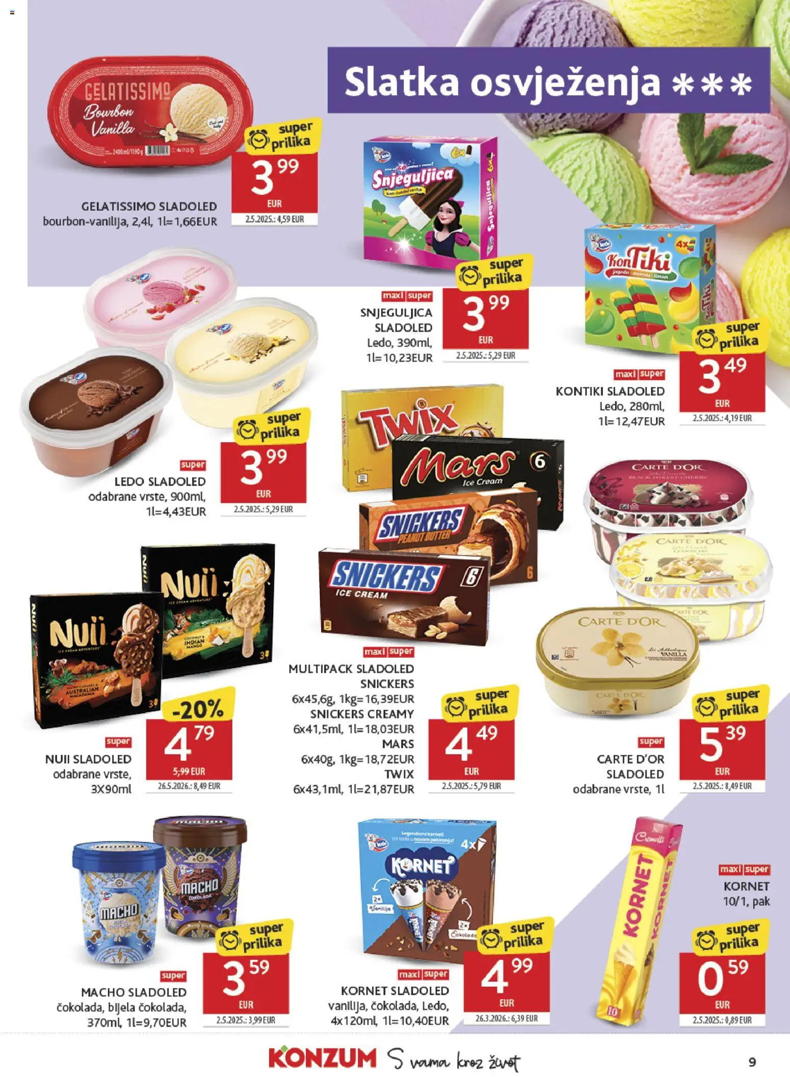 Konzum HR akciós ujság - amely érvényes a következő dátumtól: 2026.08.12. | Oldal: 9 | Termékek: Mars, Bourbon, Twix, Snickers