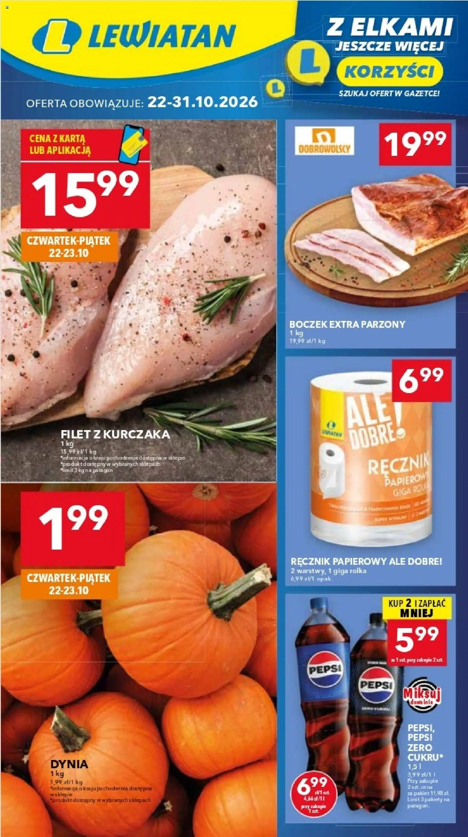 Lewiatan gazetka - Warszawa od 22.10.2026 | Strona: 1 | Produkty: Filet z kurczaka, Pepsi, Filet, Ręcznik papierowy