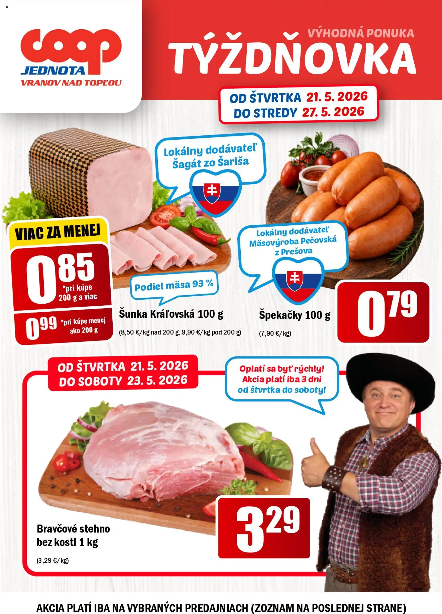 Nové COOP Jednota akcie – leták je platný od 21.05.2026 | Strana: 1 | Produkty: Šunka, Bravčové stehno