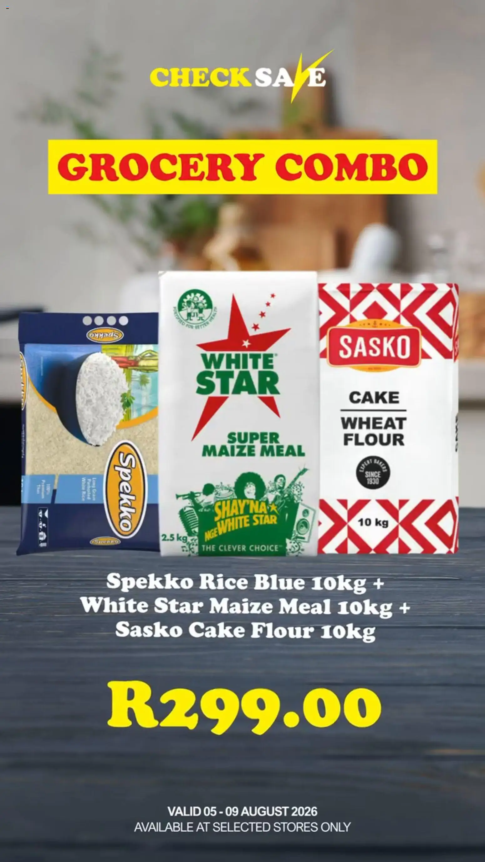 New Check Save catalogue – valid from 05/08/2026 | Page: 1 | Products: Cake, Flour, Maize meal, Rice