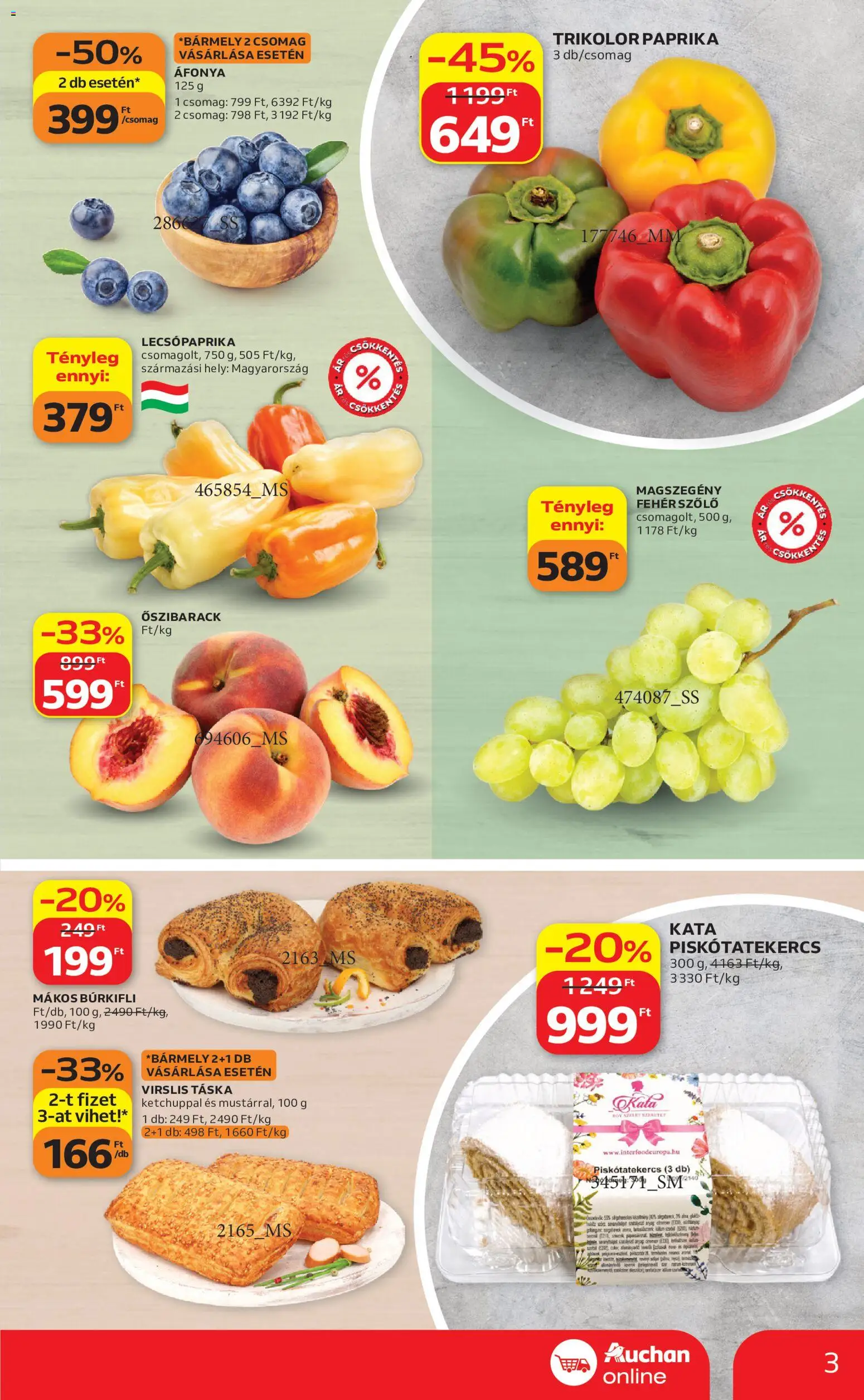 Auchan akciós ujság - amely érvényes a következő dátumtól: 2026.09.10. | Oldal: 3 | Termékek: Őszibarack, Áfonya, Paprika, Táska