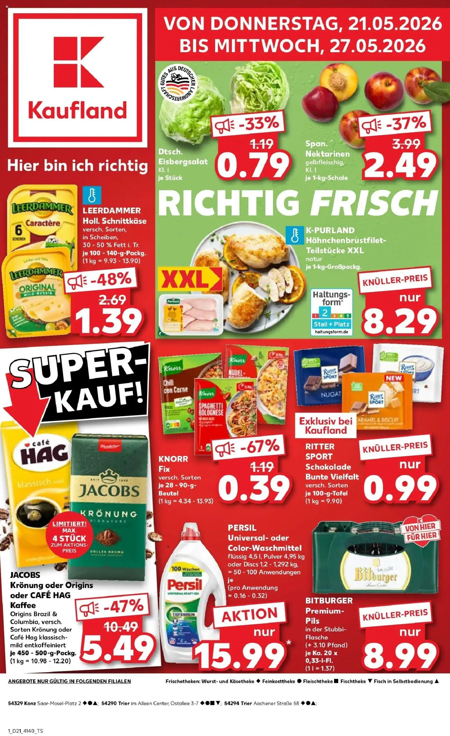 Kaufland Prospekt Konz – gültig ab 21.05.2026 | Seite: 1 | Produkte: Nektarinen, Kaffee, Pils, Leerdammer