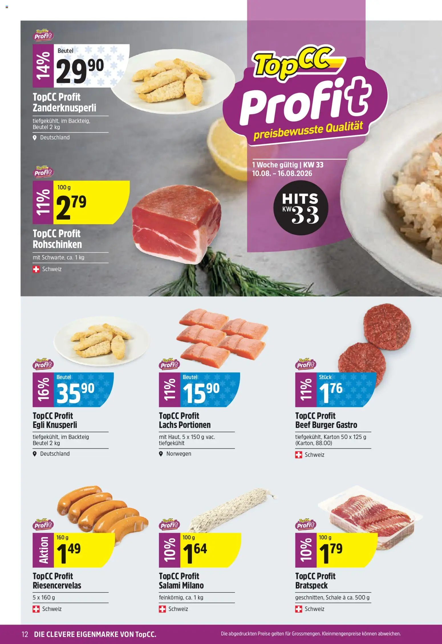 TopCC aktionen – gültig ab 10.08.2026 | Seite: 12 | Produkte: Burger, Lachs, Salami, Top