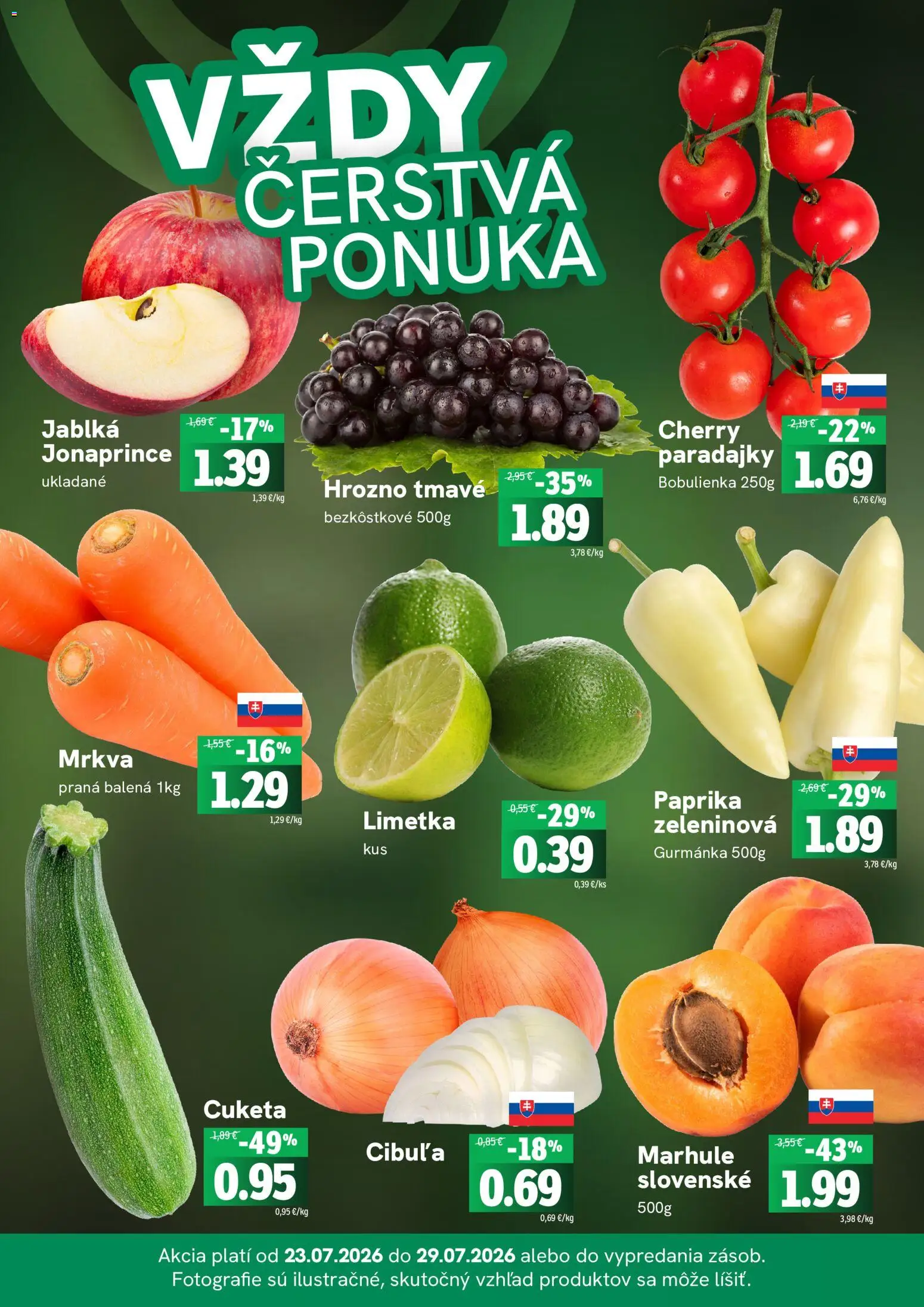 Nové Fresh akcie – leták je platný od 23.07.2026 | Strana: 3 | Produkty: Paprika, Paradajky, Cuketa, Hrozno