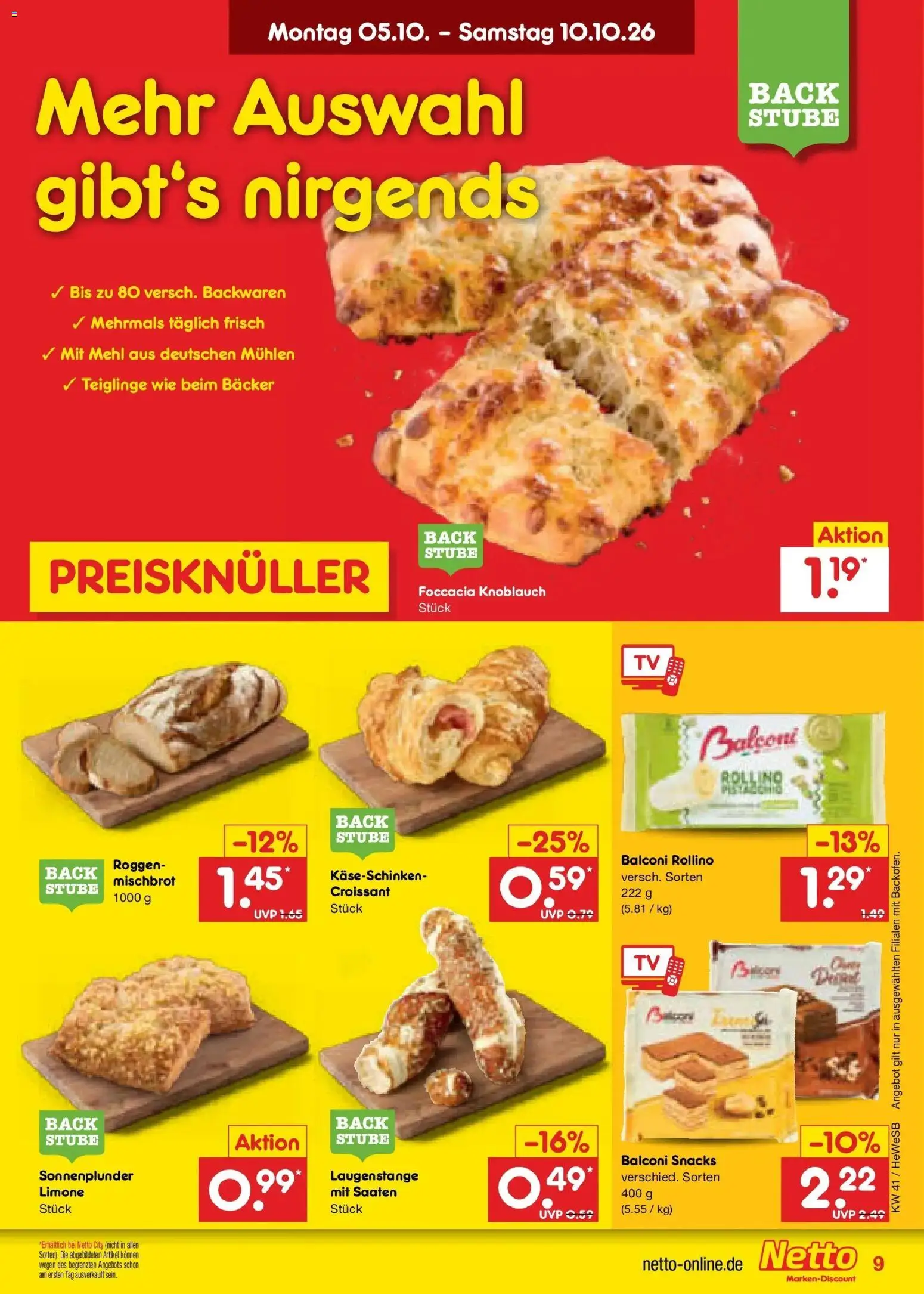 Netto Marken-Discount Prospekt Hamburg (ab 05.10.2026) » Angebote | Seite: 9 | Produkte: Mehl, Croissant, Knoblauch, TV