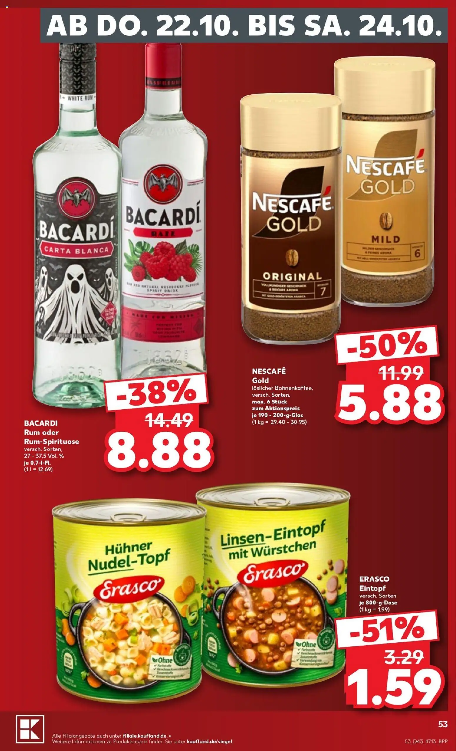 Kaufland Prospekt Zeitz – gültig ab 19.10.2026 | Seite: 53 | Produkte: Bacardi, Nescafe, Rum, Erasco