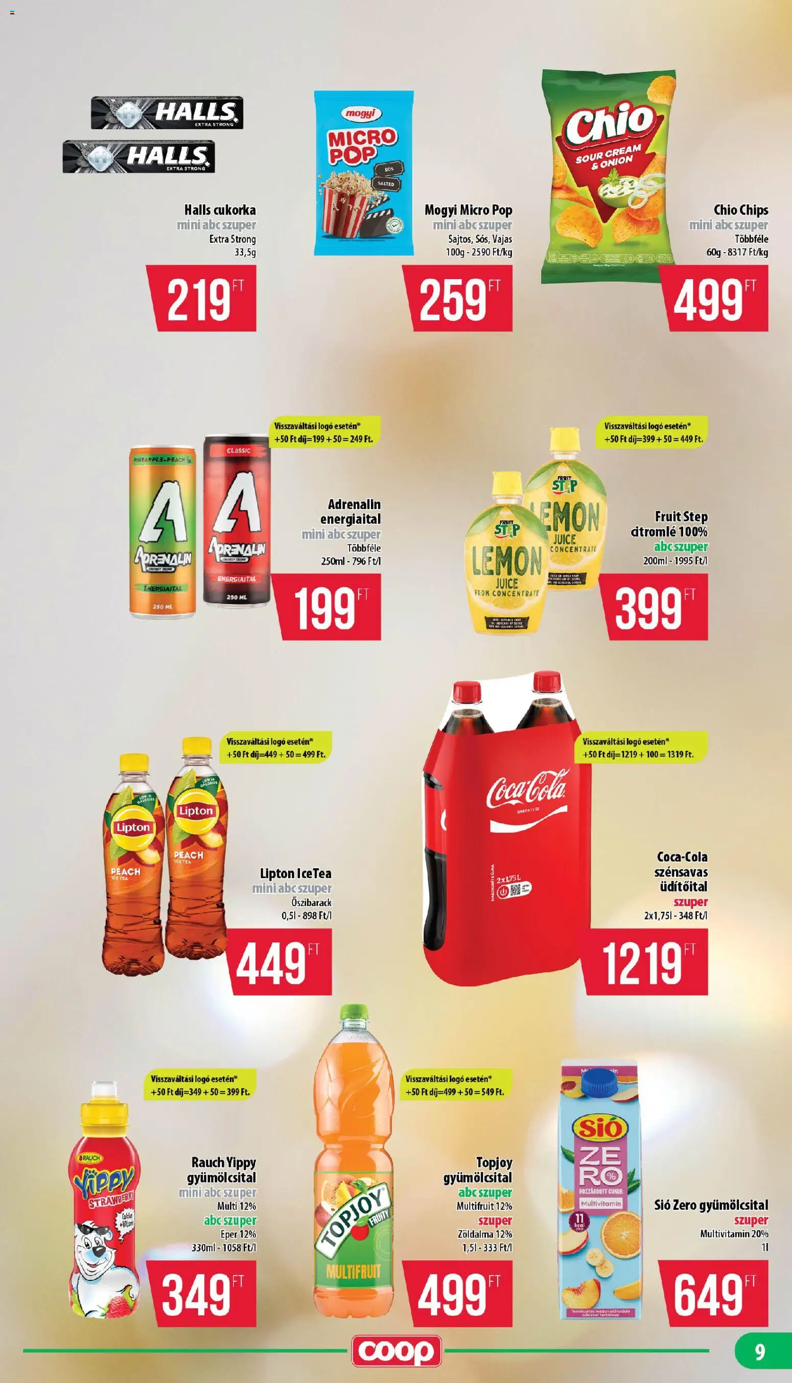 COOP akciós ujság - amely érvényes a következő dátumtól: 2026.09.17. | Oldal: 9 | Termékek: Chips, Ice tea, Topjoy, Rauch