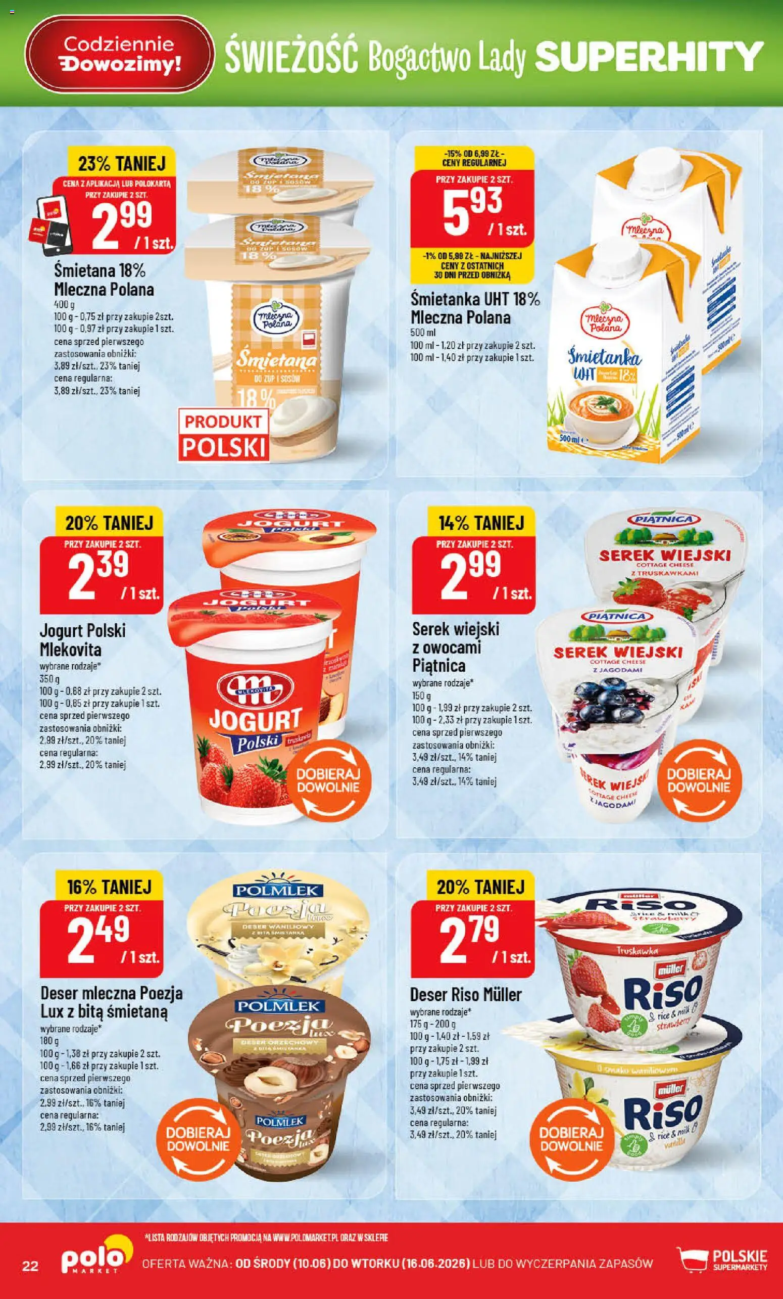 POLOmarket gazetka od 10.06.2026 | Strona: 22 | Produkty: Serek, Serek wiejski, Jogurt, Śmietana