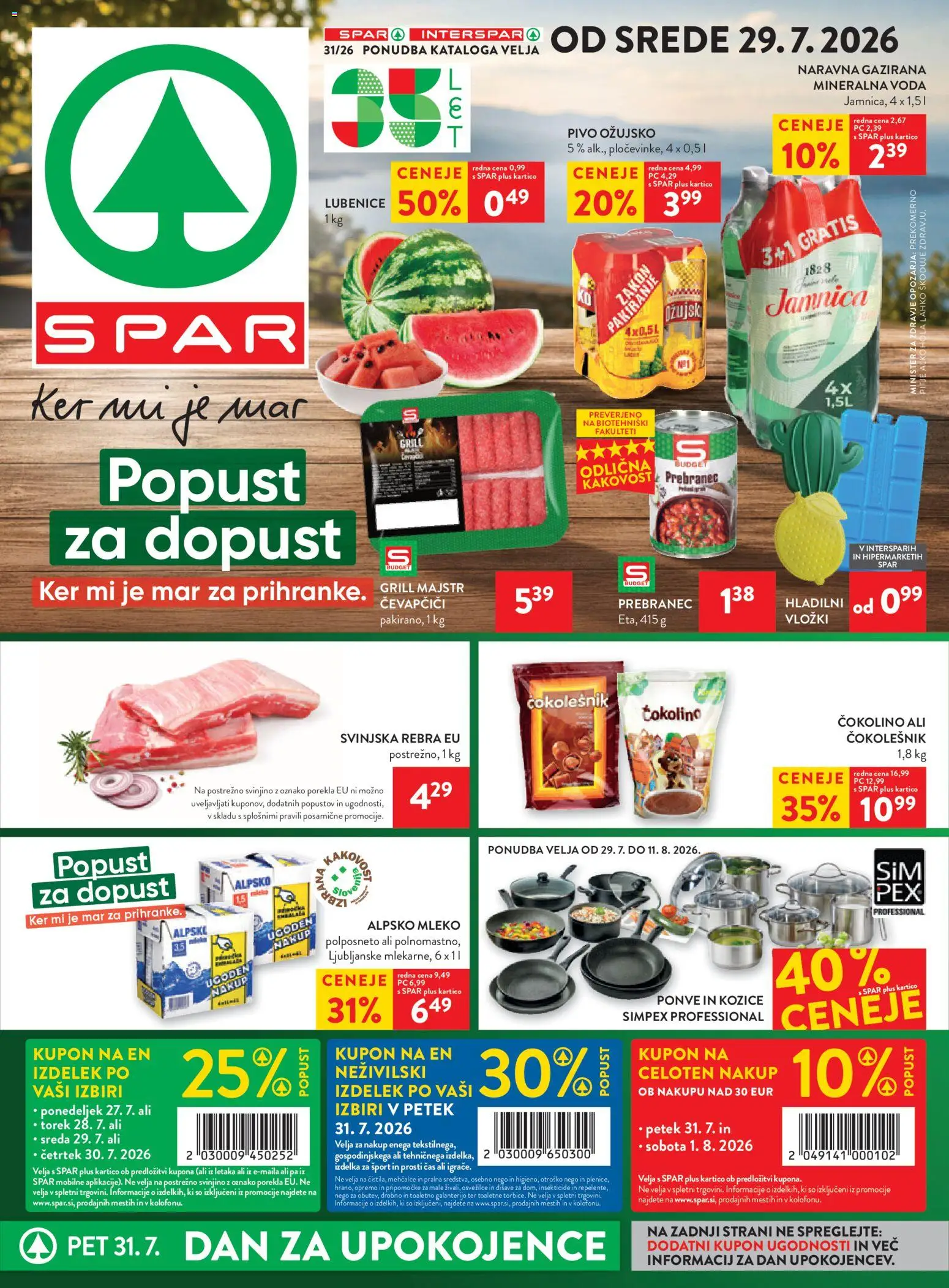 Novi Spar katalog ponudbe – veljaven od 27.07.2026 | Stran: 1 | Izdelki: Čevapčiči, Vložki, Mineralna voda, Mleko