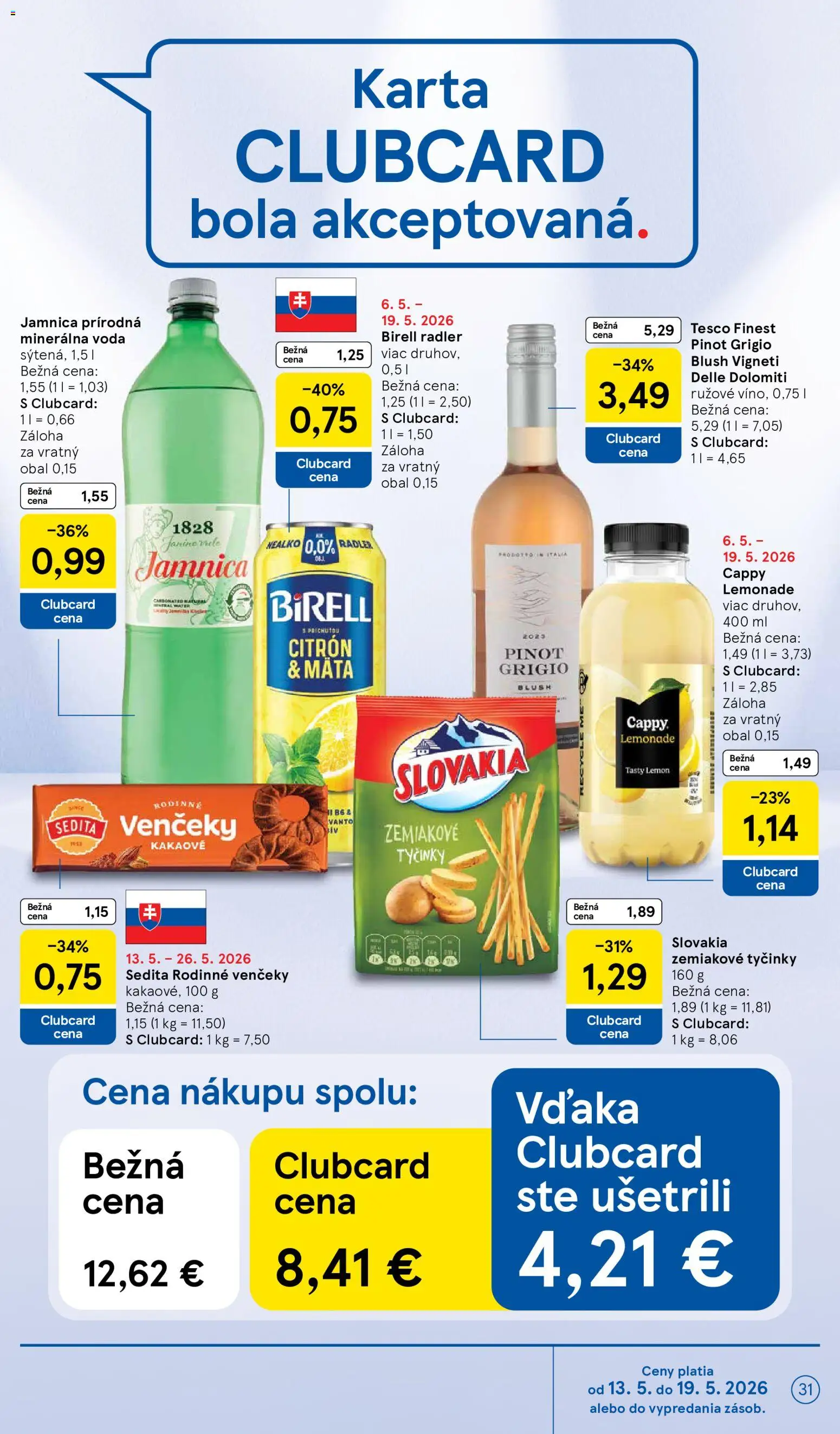 Nové Tesco akcie – leták je platný od 13.05.2026 | Strana: 31 | Produkty: Birell, Radler, Voda, Minerálna voda