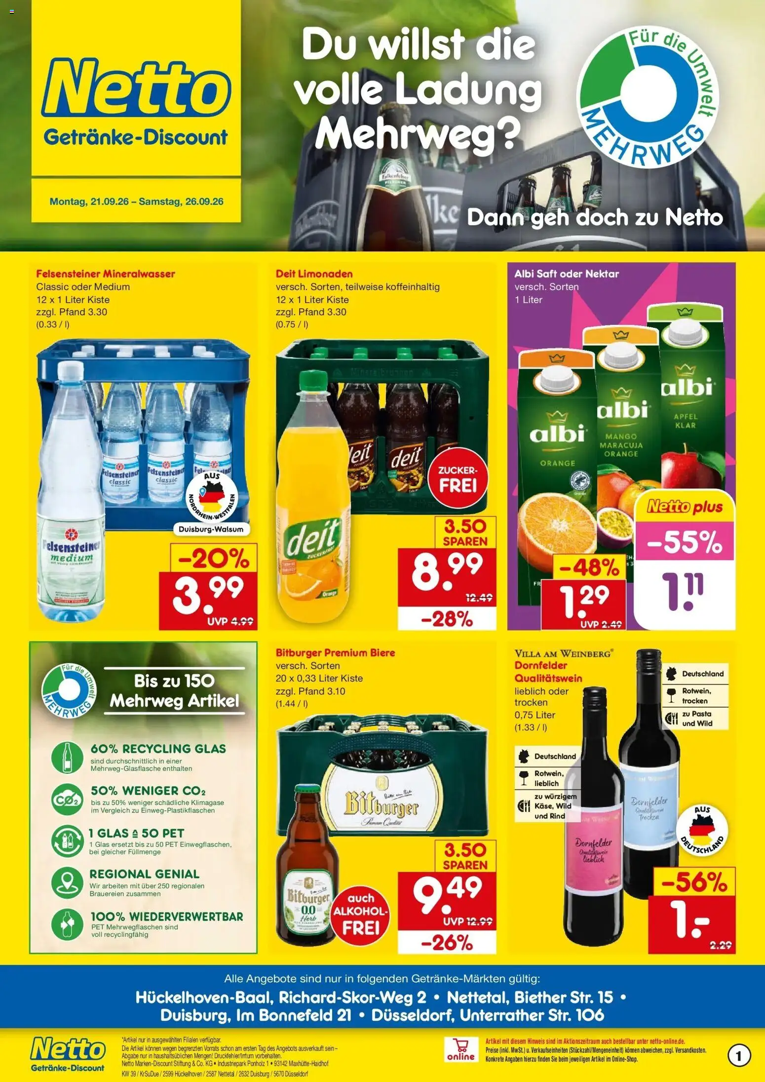 Netto Marken-Discount Prospekt Duisburg – gültig ab 21.09.2026 | Seite: 1 | Produkte: Bitburger, Äpfel, Mineralwasser, Alkohol