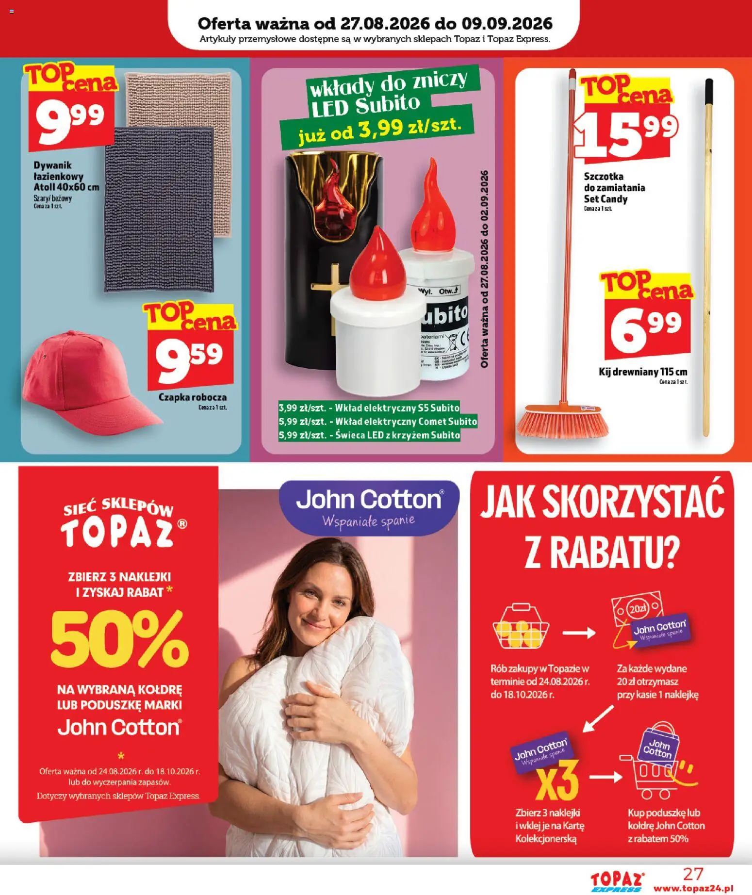 Topaz gazetka - Express od 27.08.2026 | Strona: 27 | Produkty: Wkłady do zniczy, Czapka, Dywanik łazienkowy, Świeca
