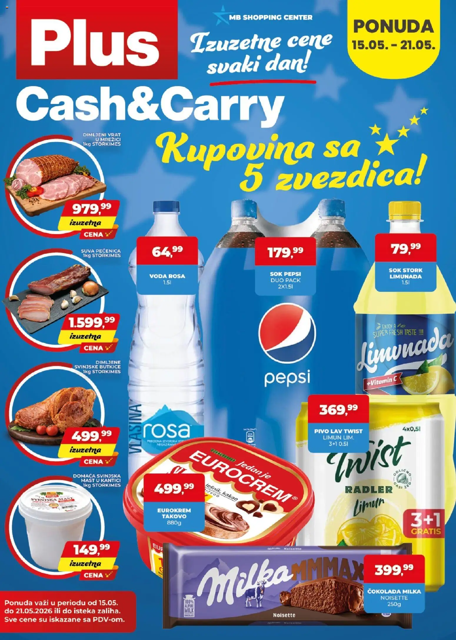 Plus Cash & Carry katalog - važi od 15.05.2026 | Strana: 1 | Proizvode: Voda, Čokolada, Limun, Dimljeni vrat