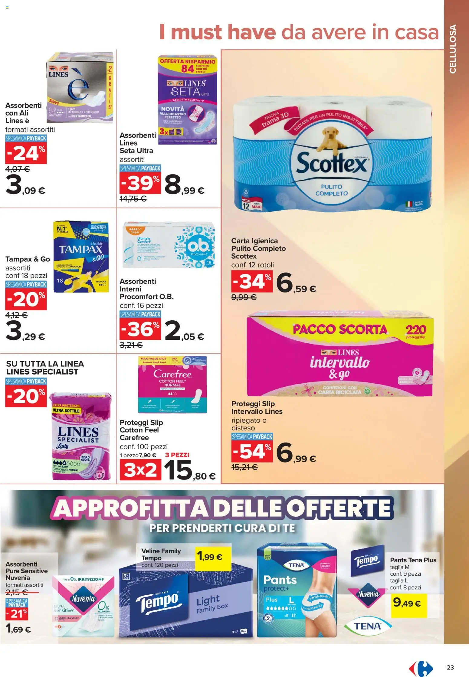 Volantino Carrefour del 10/07/2026 | Pagina: 23 | Prodotti: Carta igienica, Proteggi slip, Veline, Slip