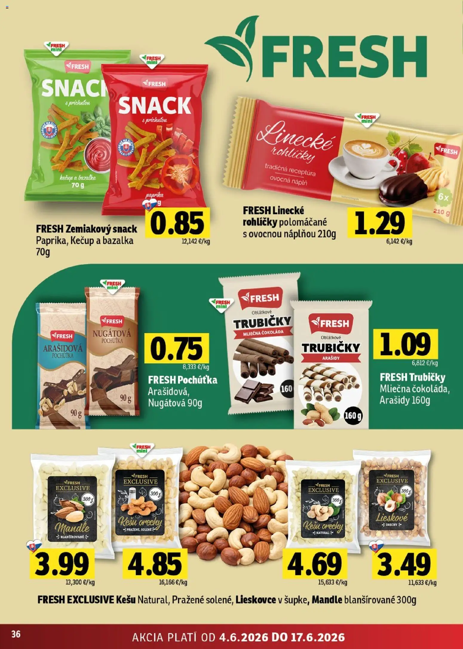 Nové Fresh akcie – leták je platný od 04.06.2026 | Strana: 36 | Produkty: Čokoláda, Orechy, Mandle, Kešu orechy