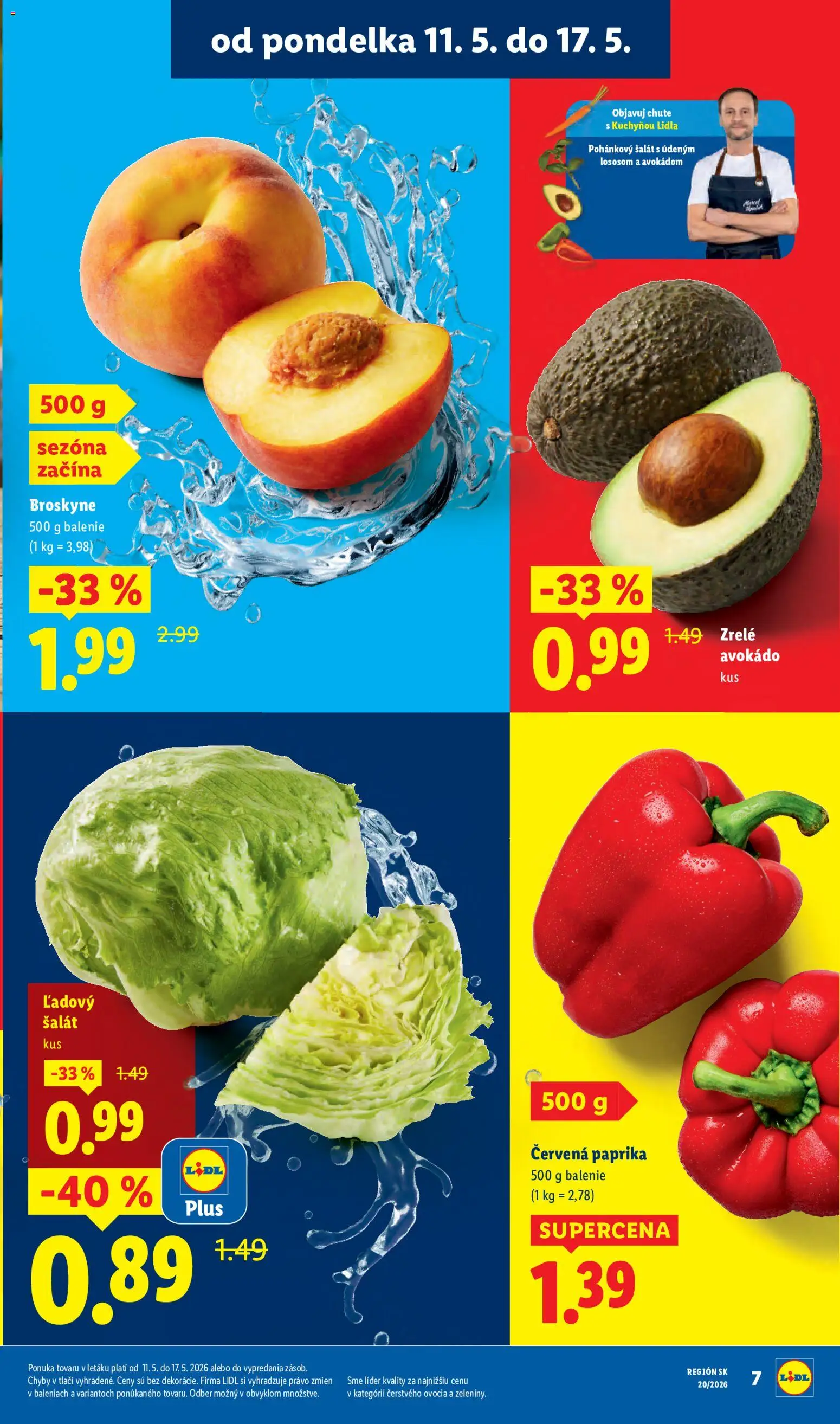Nové Lidl akcie – leták je platný od 11.05.2026 | Strana: 7 | Produkty: Paprika, Avokádo, Červená paprika, Broskyne