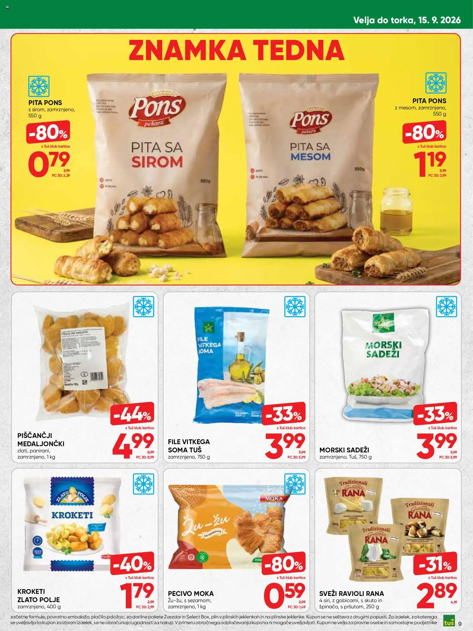 Novi Tuš katalog ponudbe – veljaven od 02.09.2026 | Stran: 9 | Izdelki: Moka, Pita, Morski sadezi