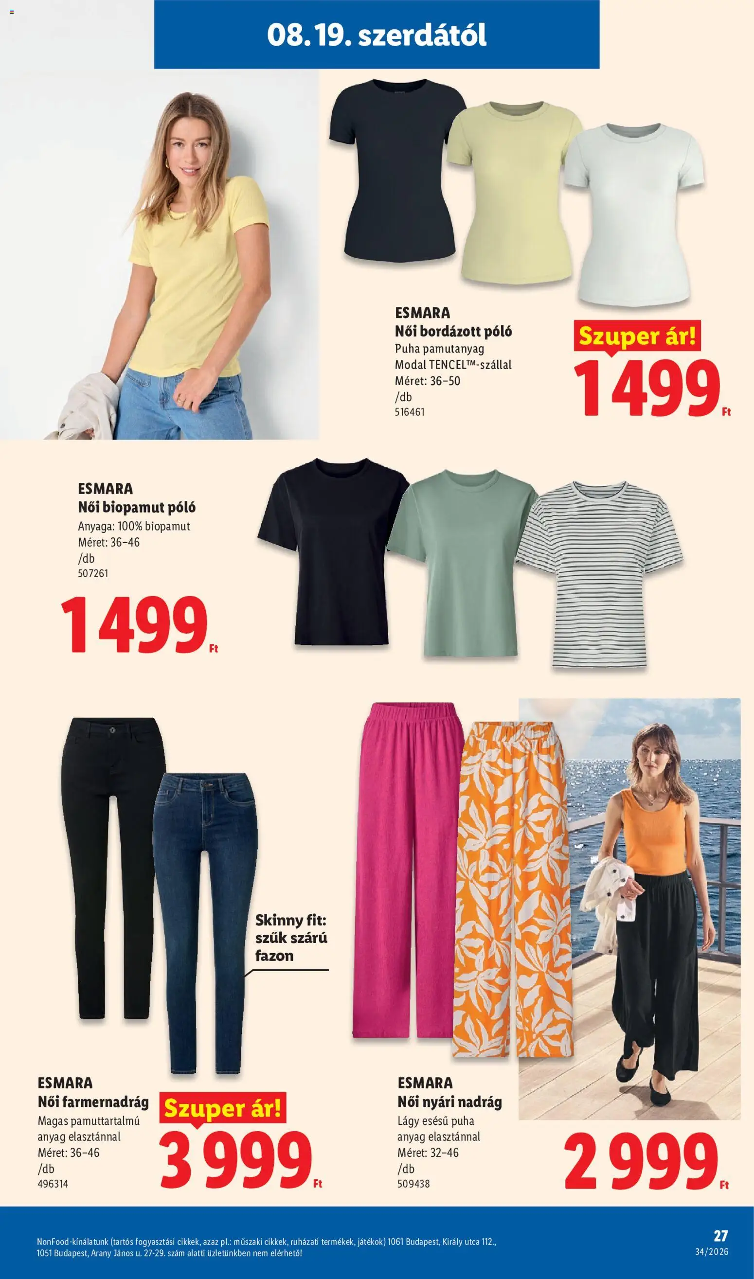 Lidl akciós ujság - amely érvényes a következő dátumtól: 2026.08.19. | Oldal: 27 | Termékek: Farmernadrág, Esmara, Póló, Nadrág