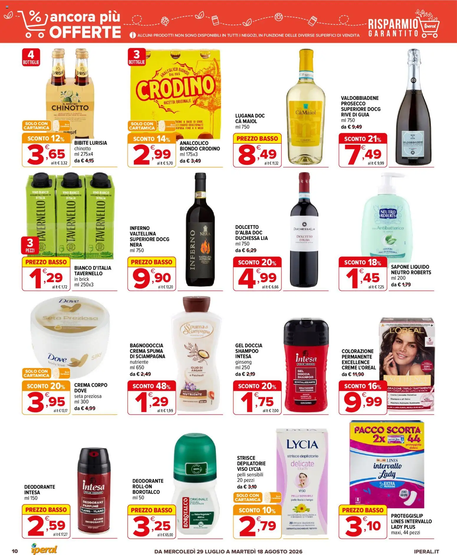 Volantino Iperal del 29/07/2026 | Pagina: 10 | Prodotti: Crema, Sapone, Deodorante, Vino