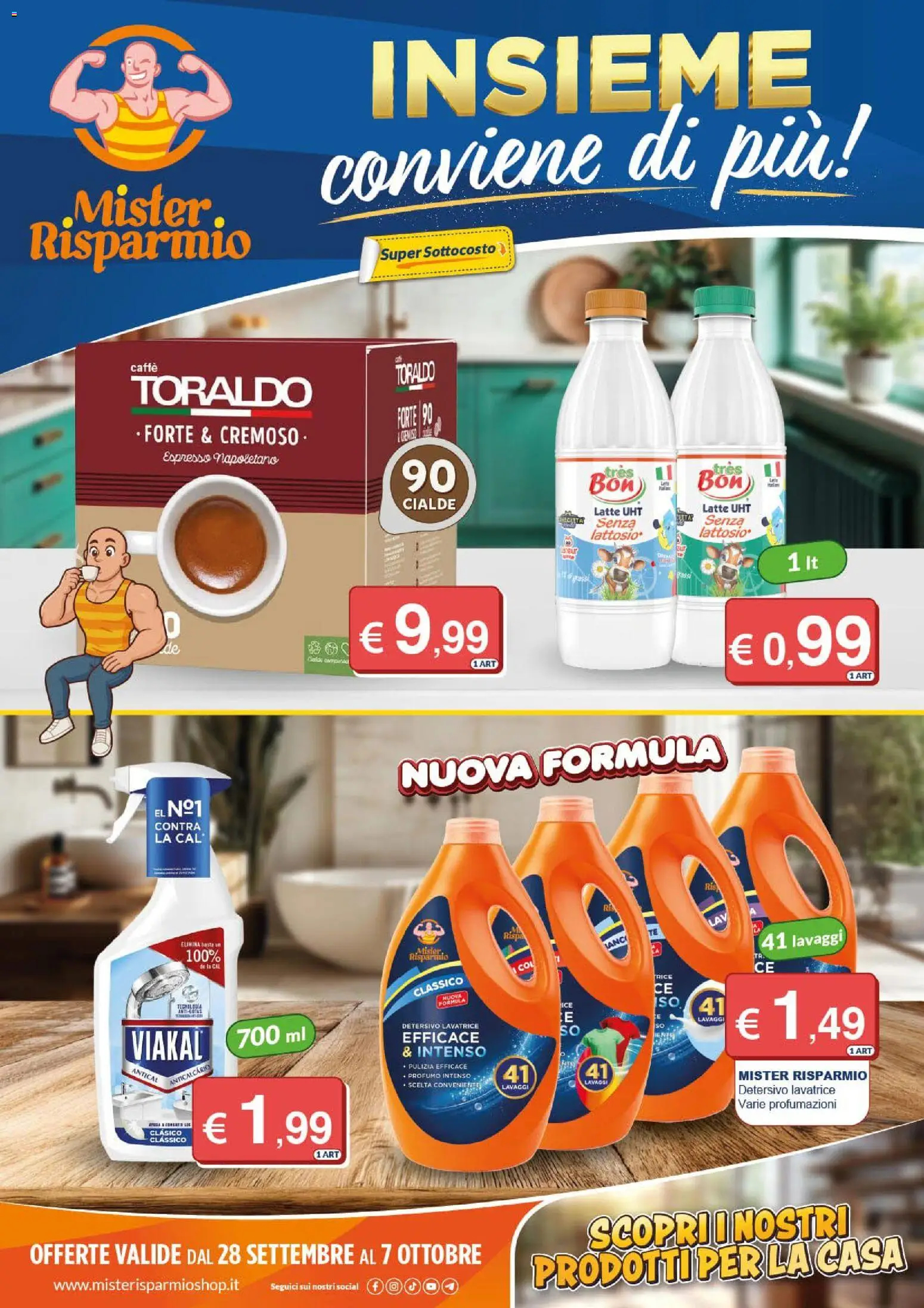 Volantino Mister Risparmio del 28/09/2026 | Pagina: 1 | Prodotti: Latte, Lavatrice, Cialde, Profumo