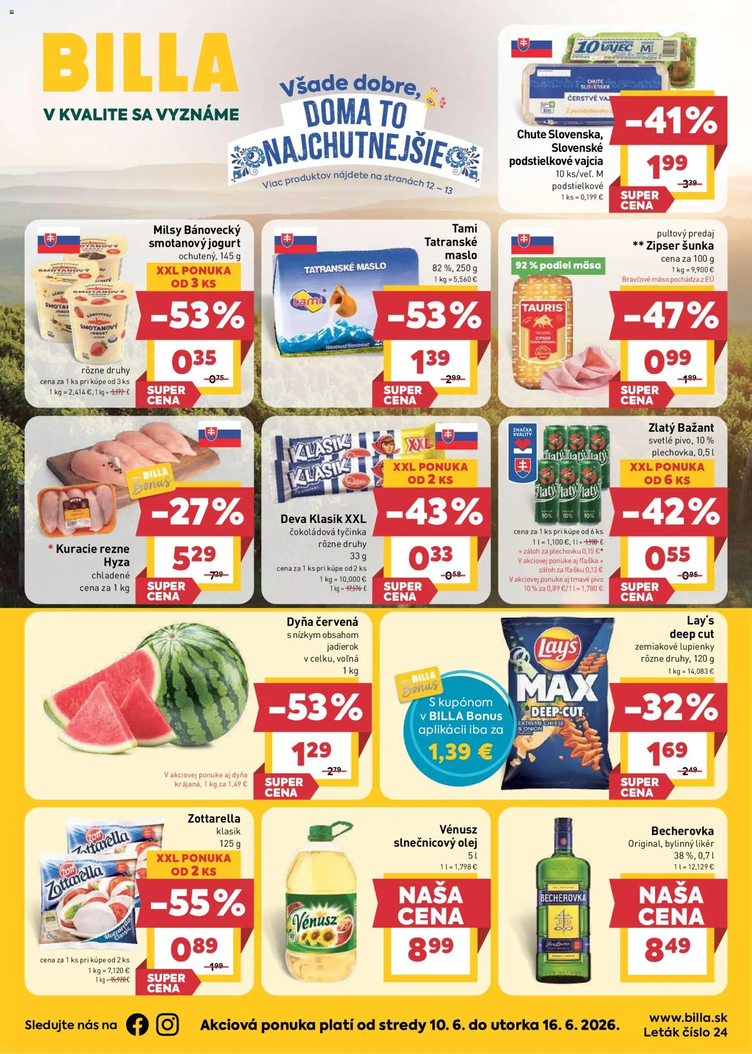 Nové Billa akcie – leták je platný od 10.06.2026 | Strana: 1 | Produkty: Maslo, Pivo, Šunka, Mozzarella