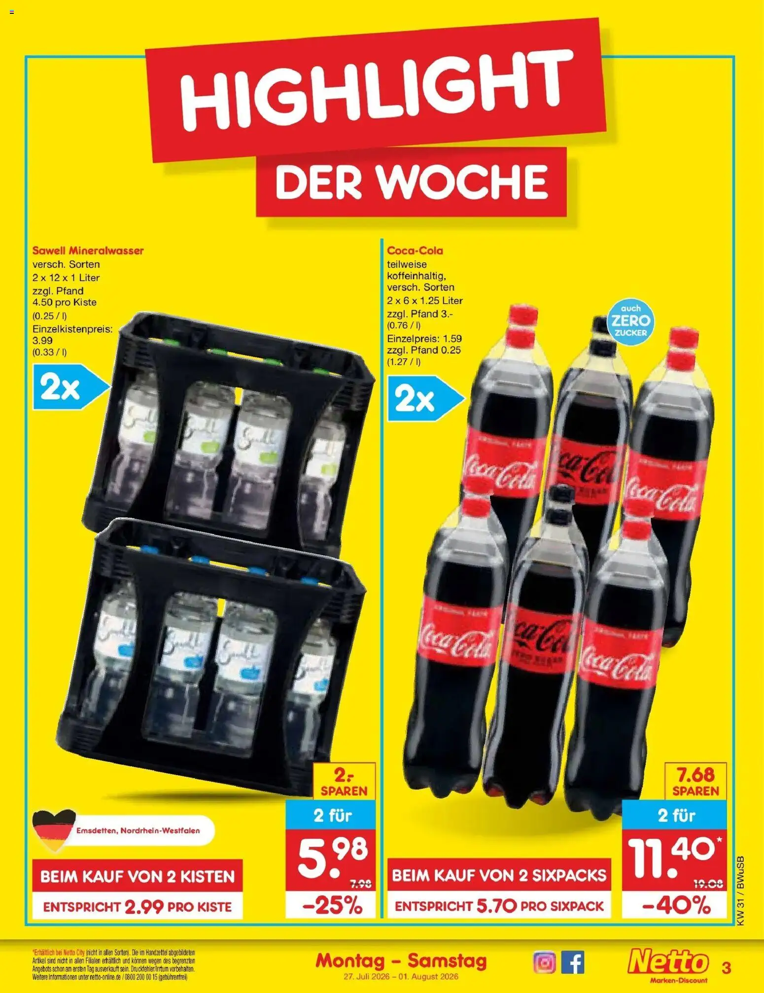 Netto Marken-Discount Prospekt Bielefeld – gültig ab 27.07.2026 | Seite: 3 | Produkte: Coca cola, Cola, Mineralwasser, Zucker