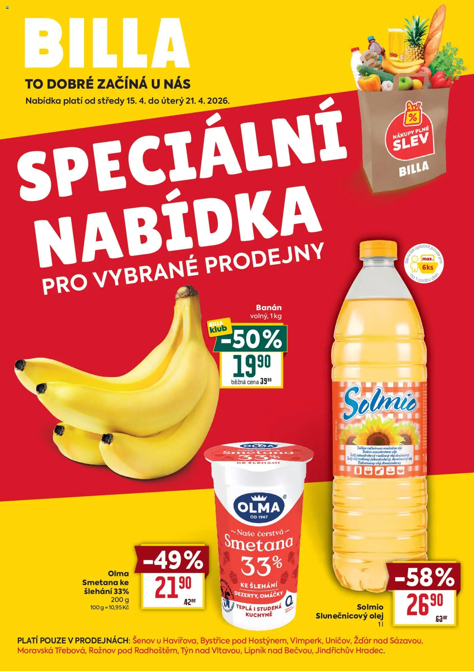 Billa leták - Speciální nabídka od 15.04.2026 | Strana: 1 | Produkty: Smetana, Banán, Slunečnicový olej, Kuchyně
