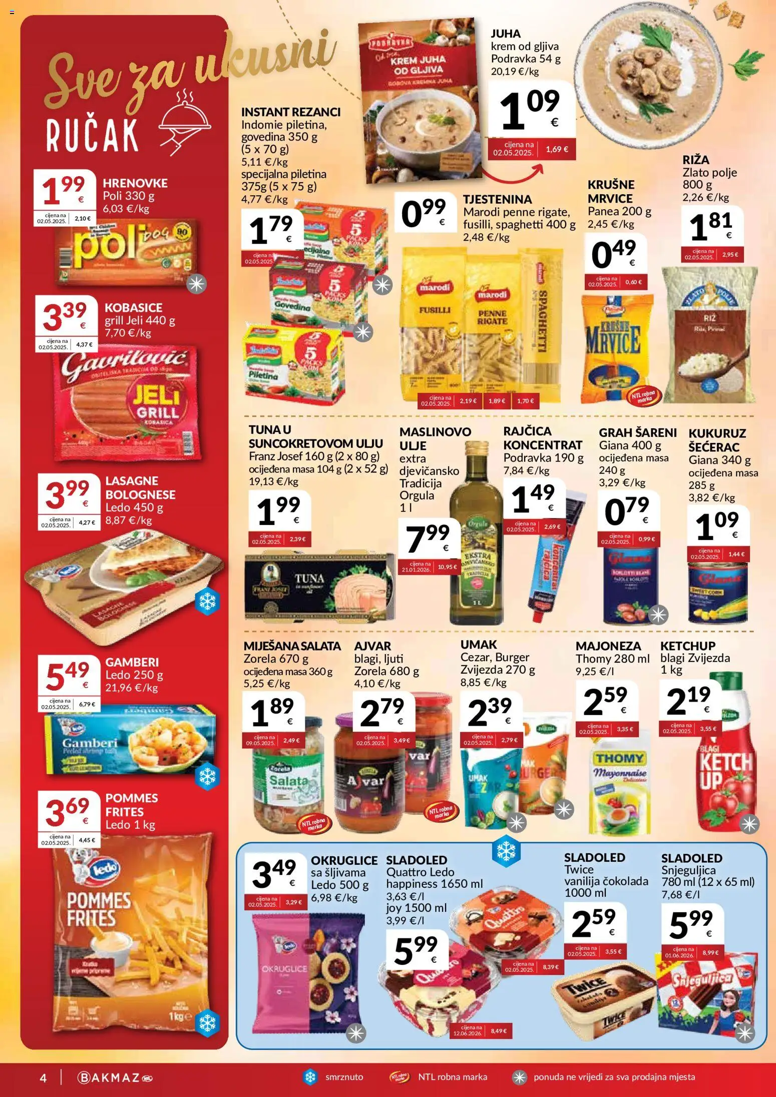 Bakmaz katalog | vrijedi od 19.08.2026 | Stranica: 4 | Proizvodi: Gamberi, Ulje, Hrenovke, Juha