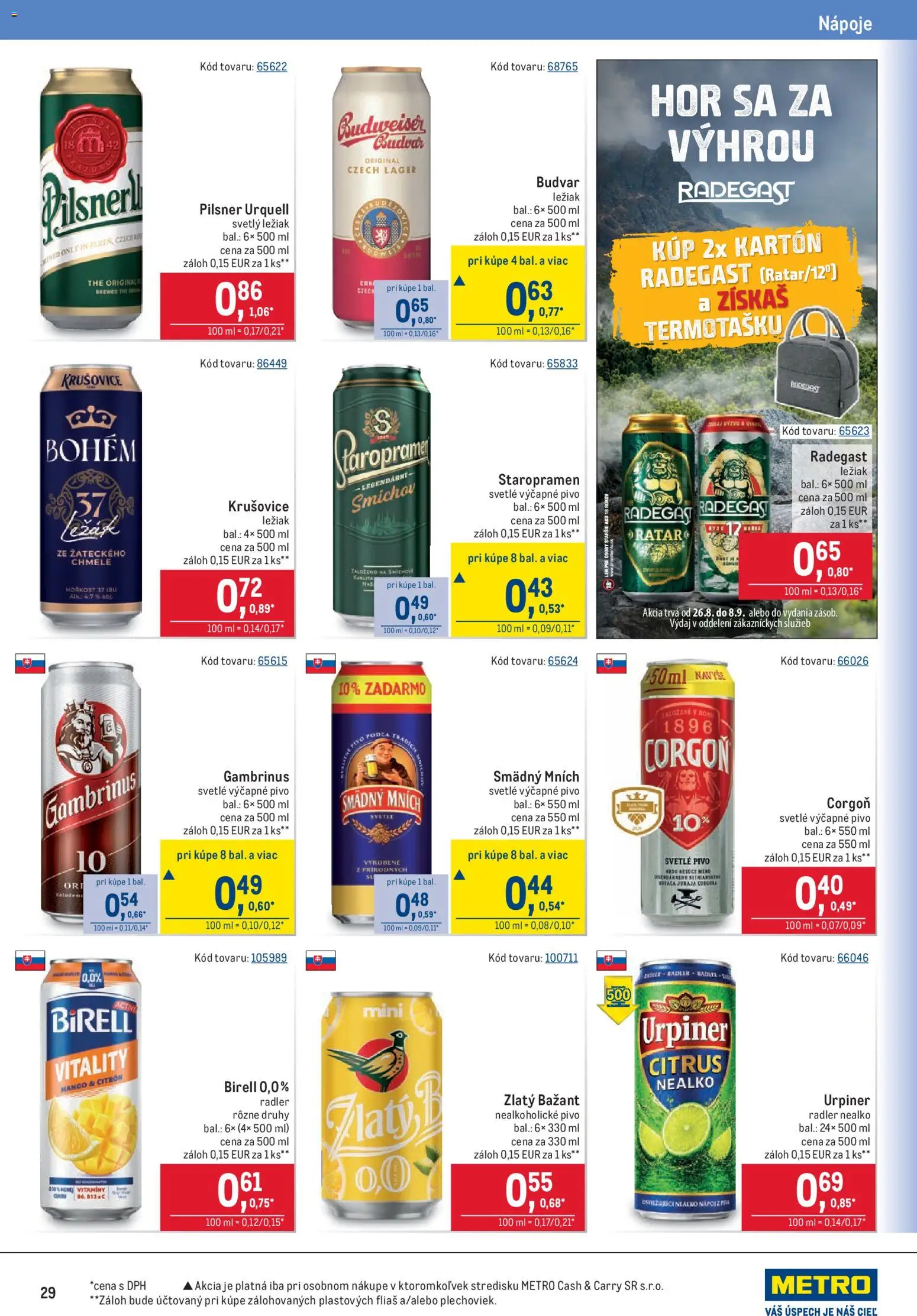 Nové Metro akcie – leták je platný od 26.08.2026 | Strana: 29 | Produkty: Budvar, Staropramen, Nealkoholické pivo, Gambrinus
