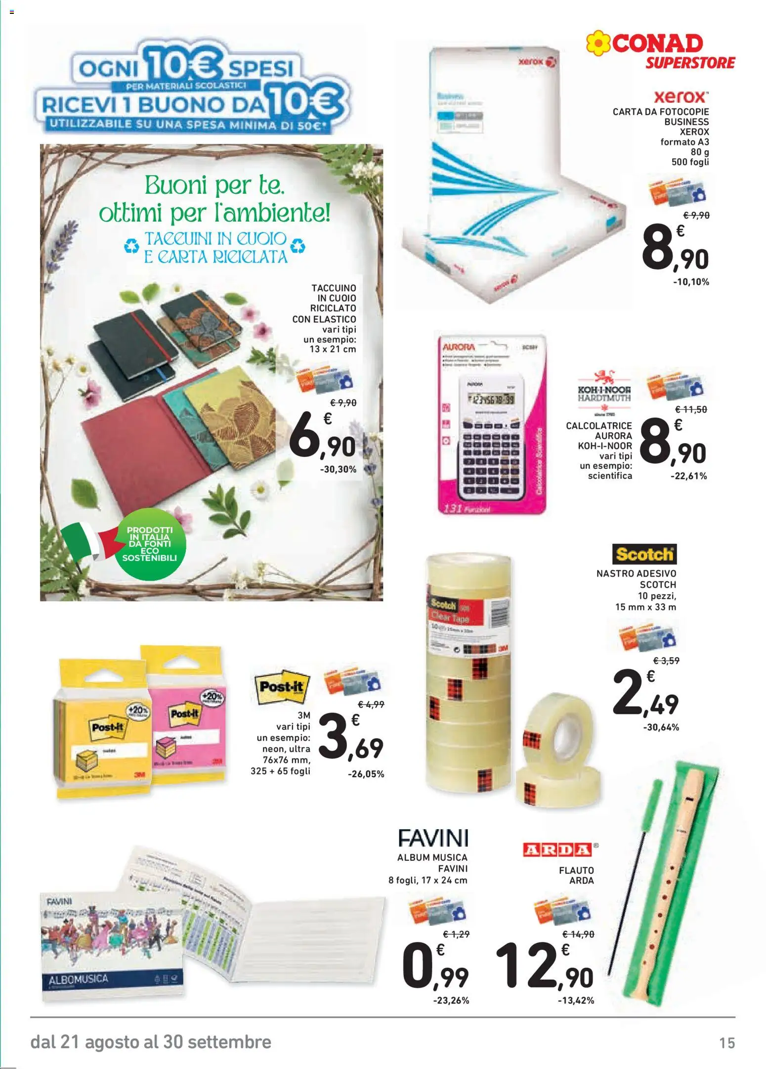 Volantino Conad del 21/08/2026 | Pagina: 15 | Prodotti: Notebook, Nastro adesivo, Calcolatrice