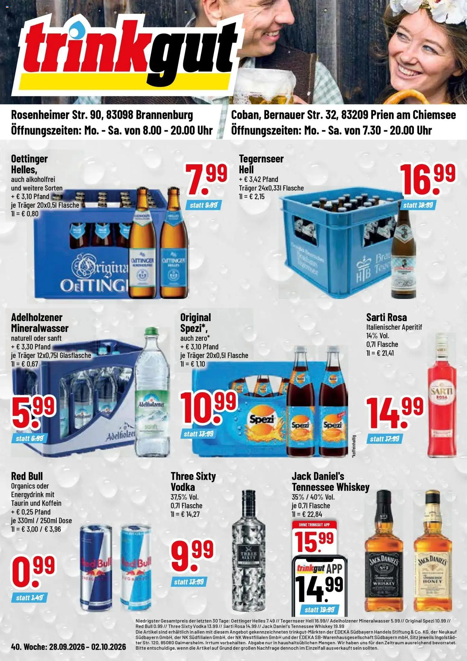 Trinkgut Prospekt Brannenburg (ab 28.09.2026) » Angebote online | Seite: 1 | Produkte: Jack Daniel's, Oettinger, Mineralwasser, Whiskey