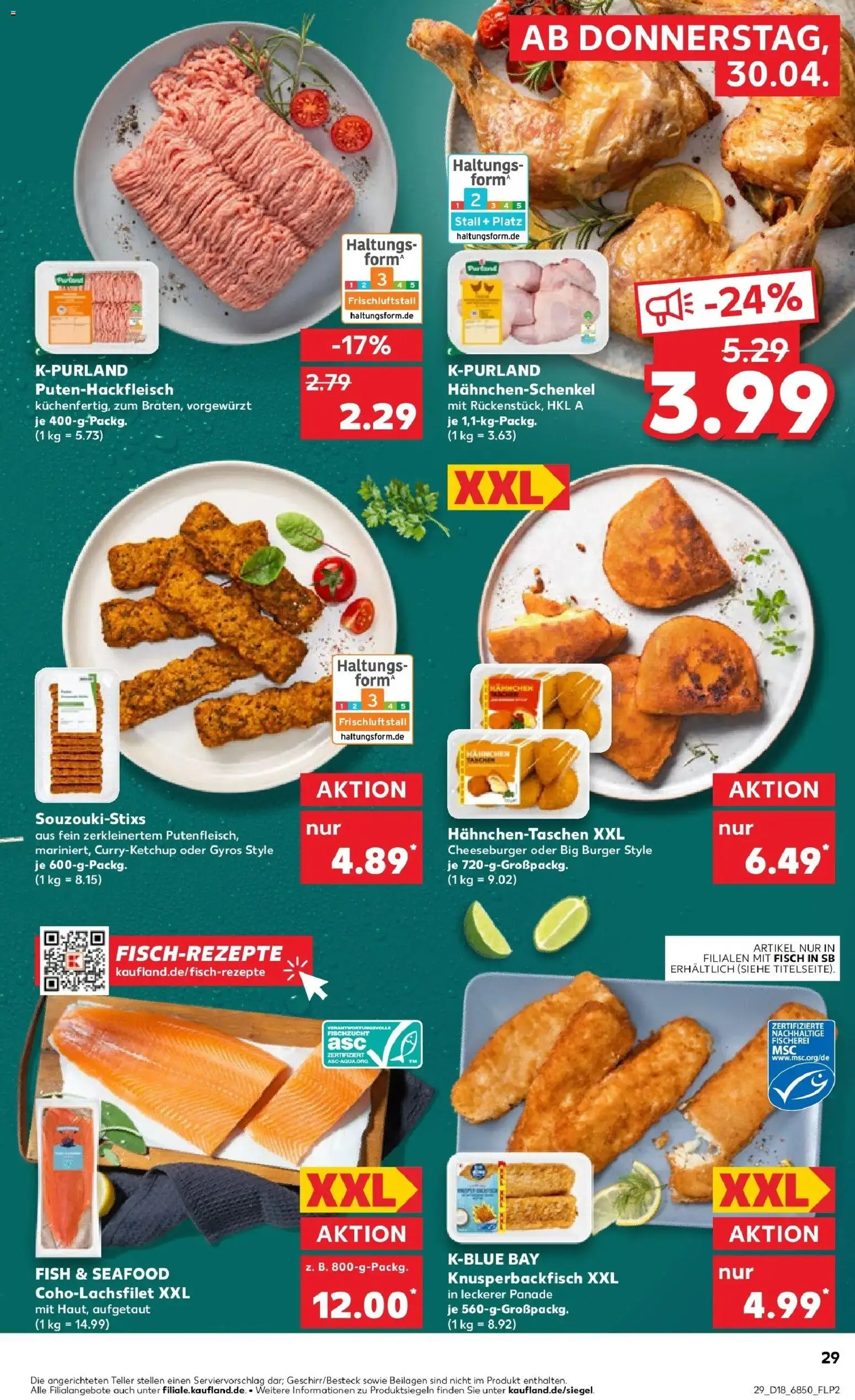 Prospekt Kaufland ab 30.04.2026 » Angebote Online zum Blättern | Seite: 29 | Produkte: Hahnchenschenkel, Burger, Fisch, Gyros