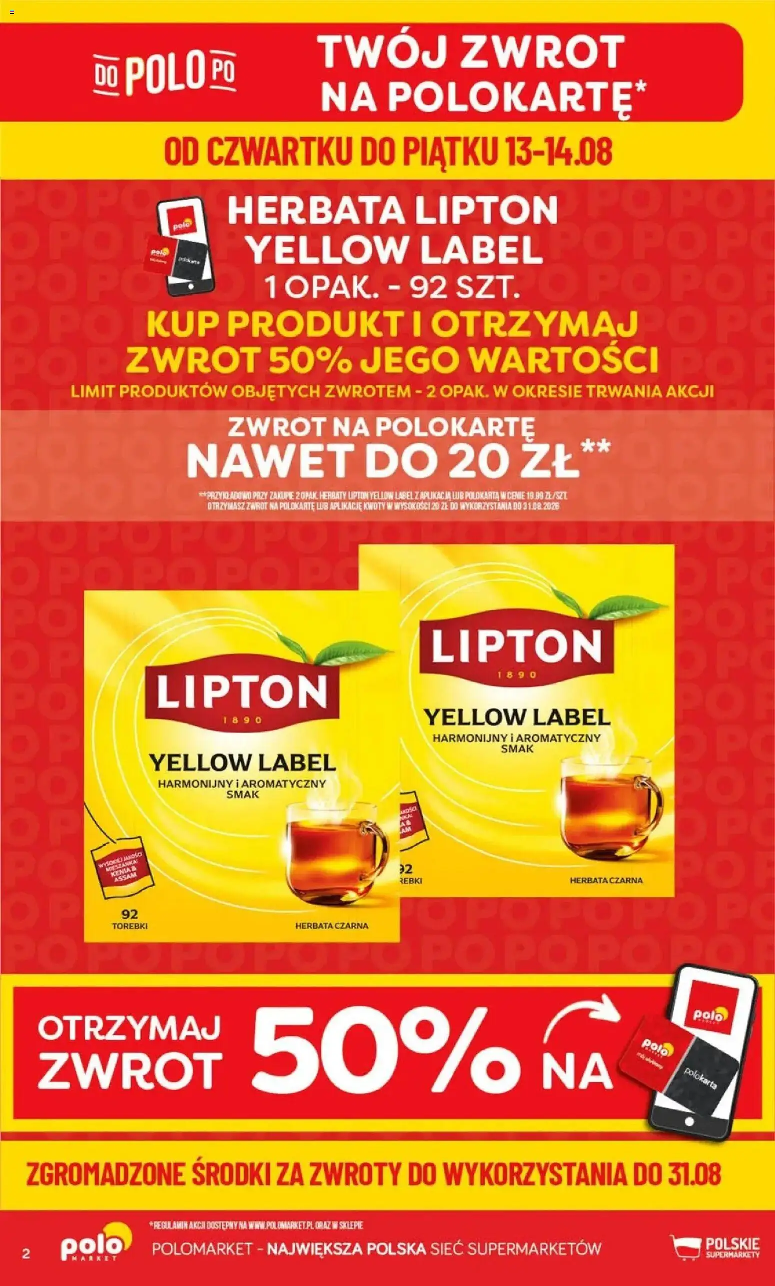 Nowa POLOmarket gazetka od jutra 12.08.2026 | Strona: 2 | Produkty: Herbata czarna, Herbata lipton, Herbata, Torebki