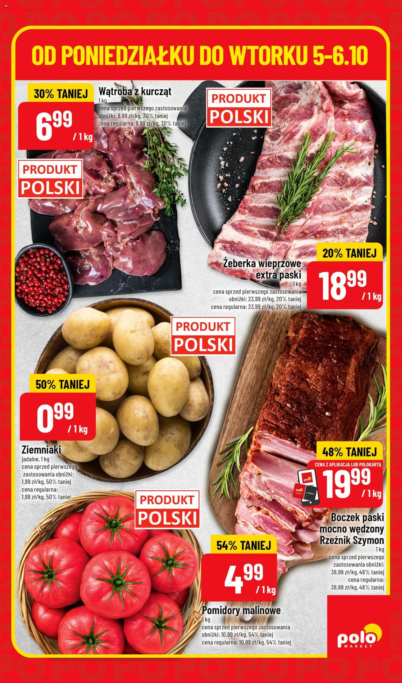 Nowa POLOmarket gazetka od jutra 05.10.2026 | Strona: 5 | Produkty: Żeberka, Pomidory malinowe, Boczek, Pomidory