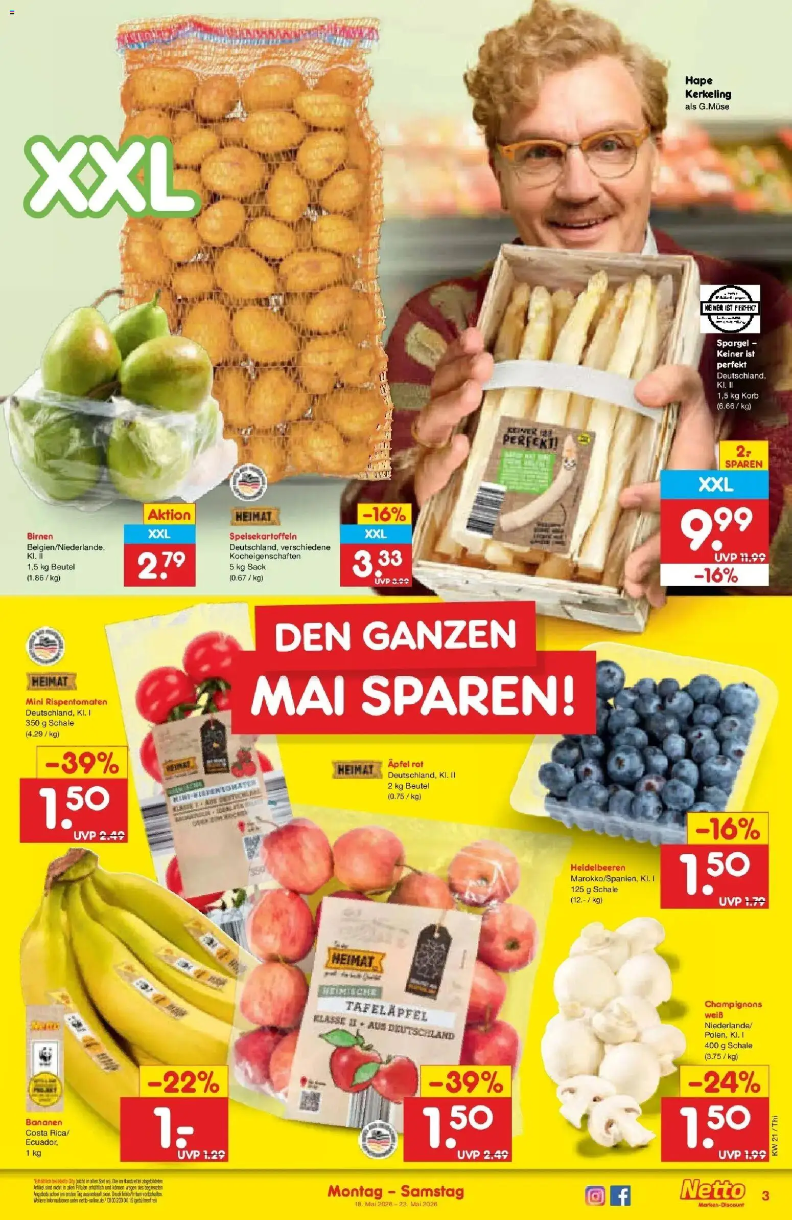 Netto Marken-Discount Prospekt Pirna	 – gültig ab 17.05.2026 | Seite: 3 | Produkte: Äpfel, Bananen, Spargel, Heidelbeeren