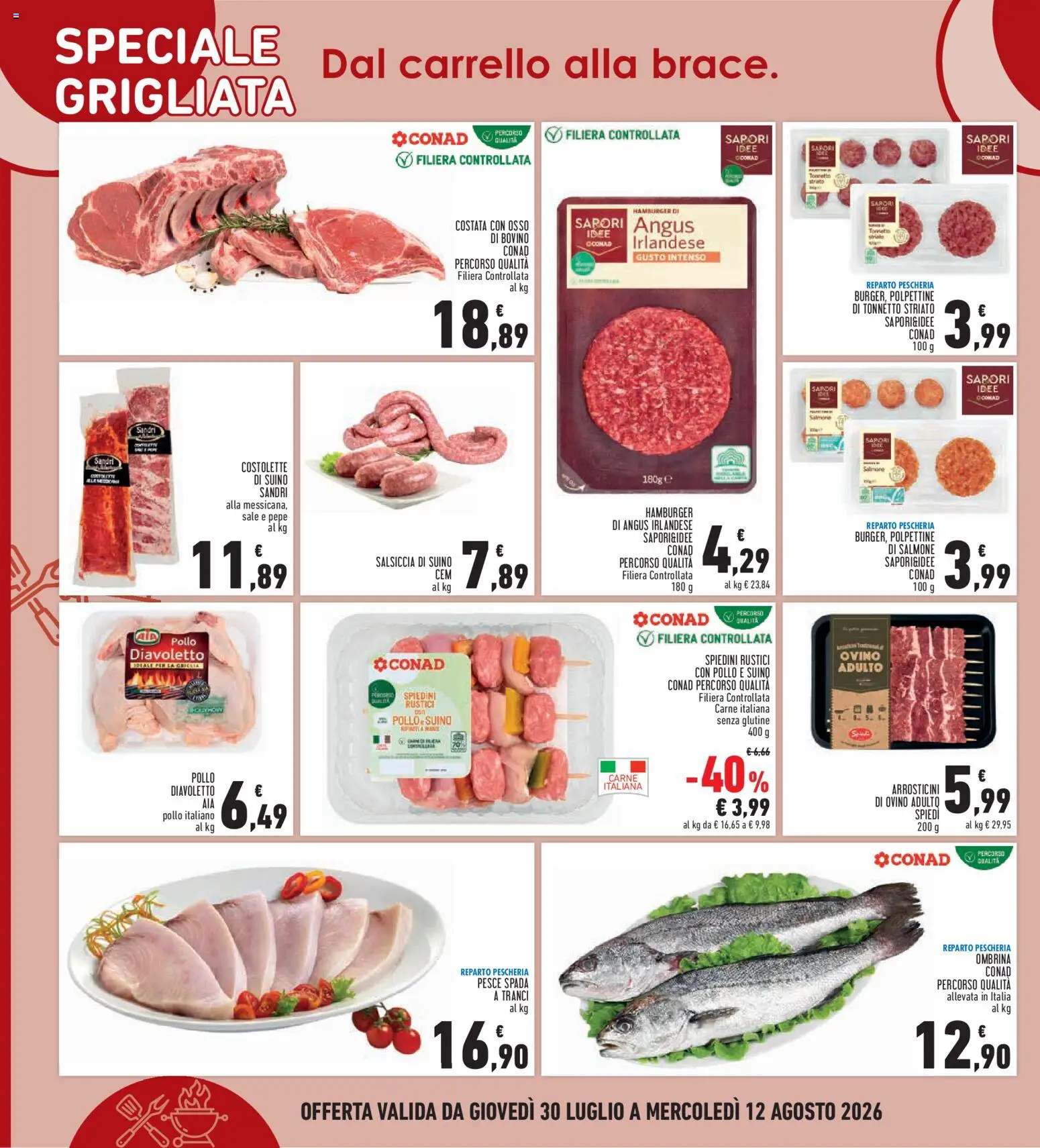 Volantino Conad del 30/07/2026 | Pagina: 10 | Prodotti: Pollo, Salsiccia, Carrello, Arrosticini