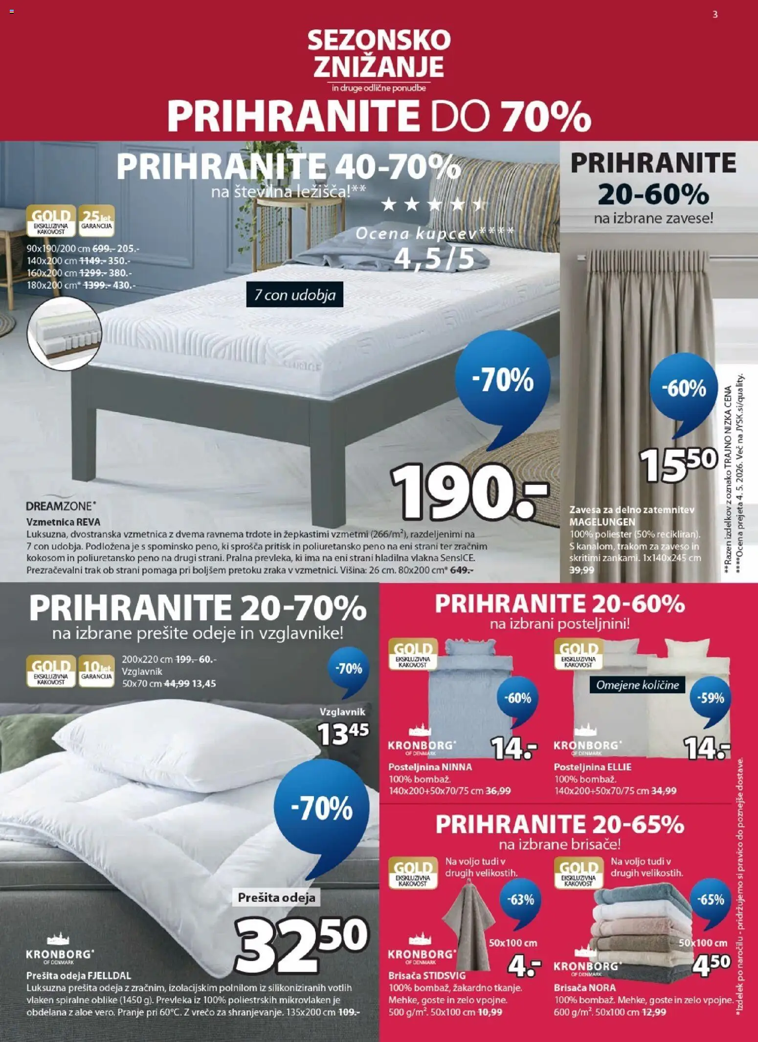 Novi JYSK katalog ponudbe – veljaven od 03.06.2026 | Stran: 3 | Izdelki: Brisača, Prešita odeja, Zavese, Vzmetnica