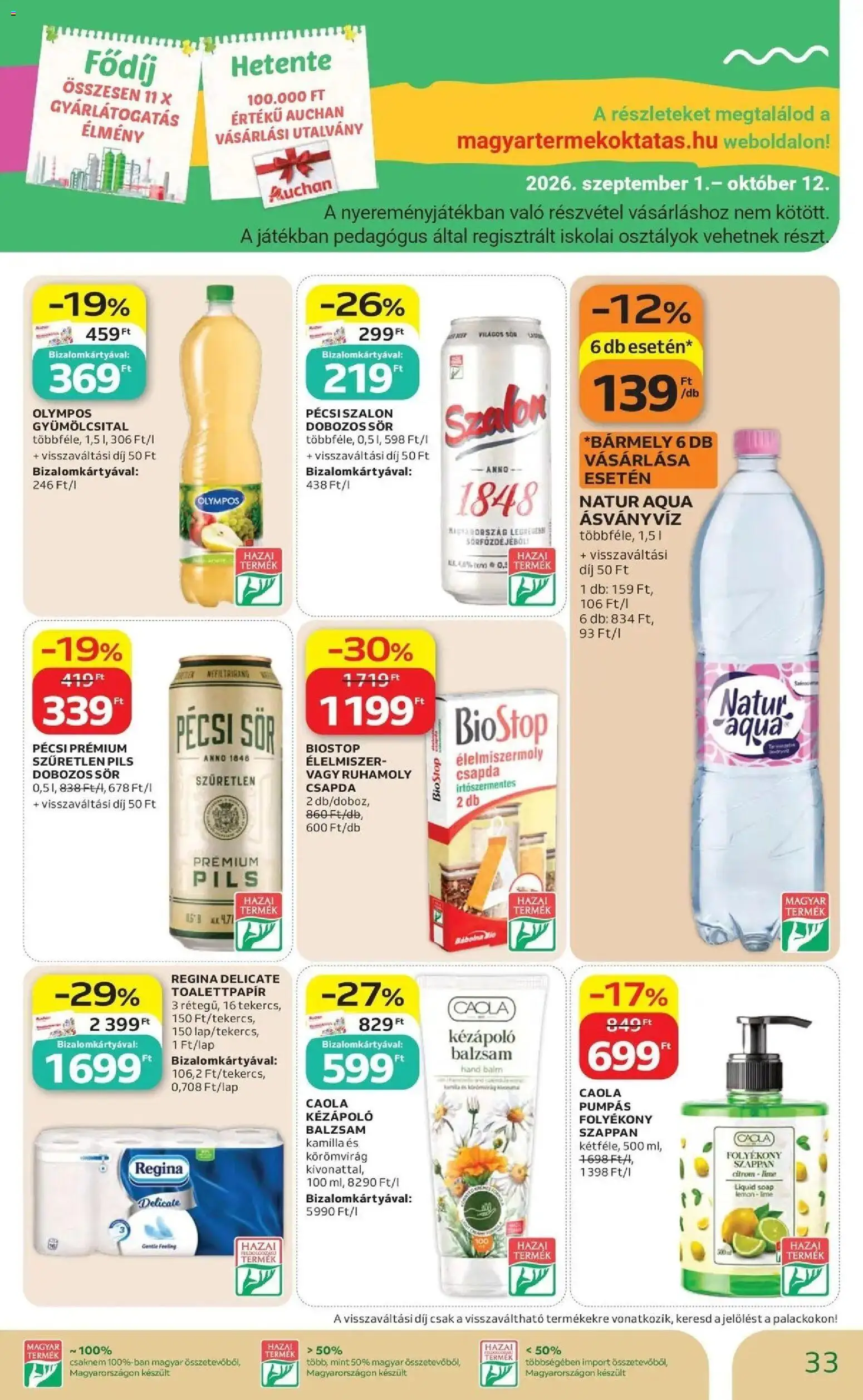 Auchan akciós újság Szolnok - 2026.10.01. -tól/töl > akció, lapozható szórólap 🛍️ | Oldal: 33 | Termékek: Lime, Pécsi sör, Gyümölcsital, Dobozos sör