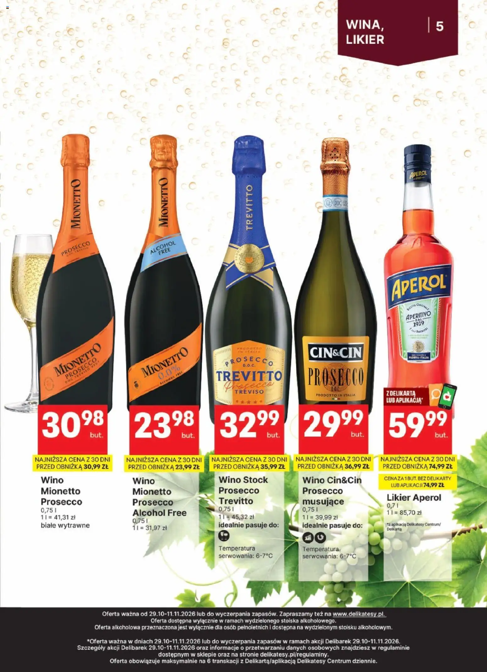 Delikatesy Centrum gazetka - DeliBarek od 29.10.2026 | Strona: 5 | Produkty: Mionetto prosecco, Delikatesy, Wino, Aperol