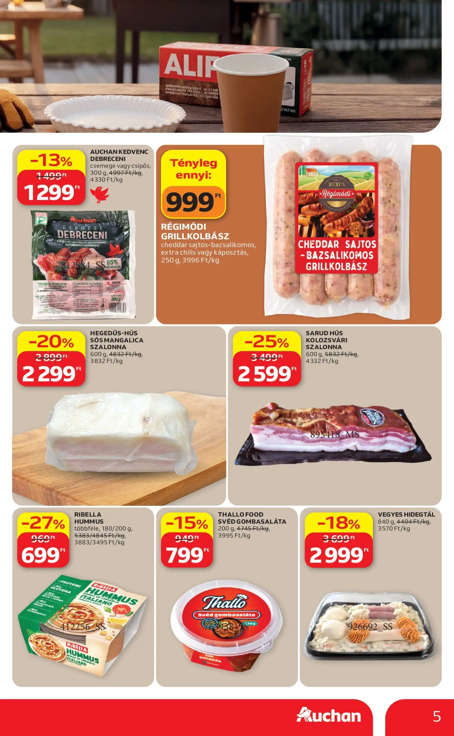Auchan akciós ujság - amely érvényes a következő dátumtól: 21.05.2026 | Oldal: 5 | Termékek: Grillkolbász, Debreceni, Szalonna, Cheddar