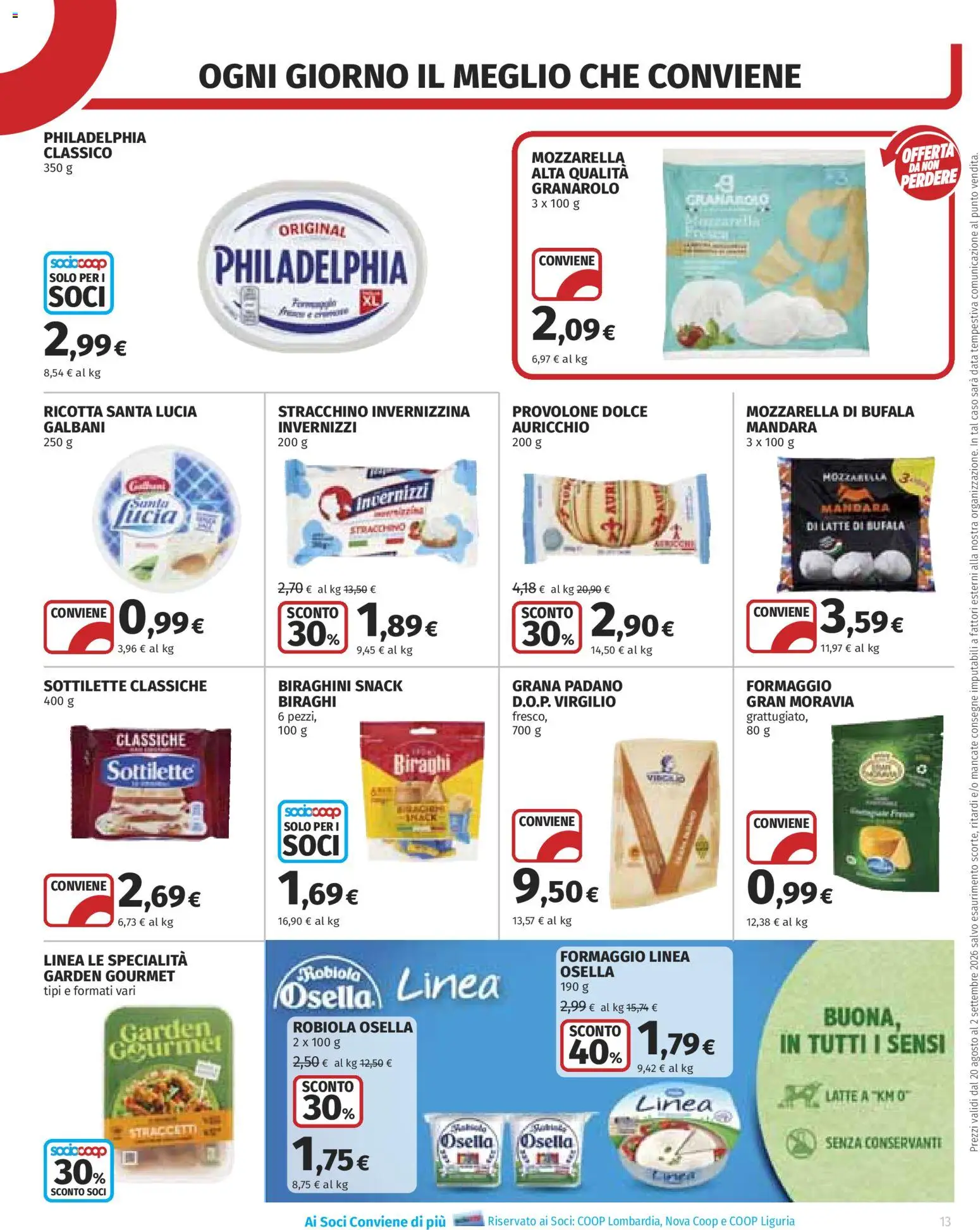 Volantino COOP del 20/08/2026 | Pagina: 13 | Prodotti: Mozzarella di bufala, Grana Padano, Ricotta, Specialità