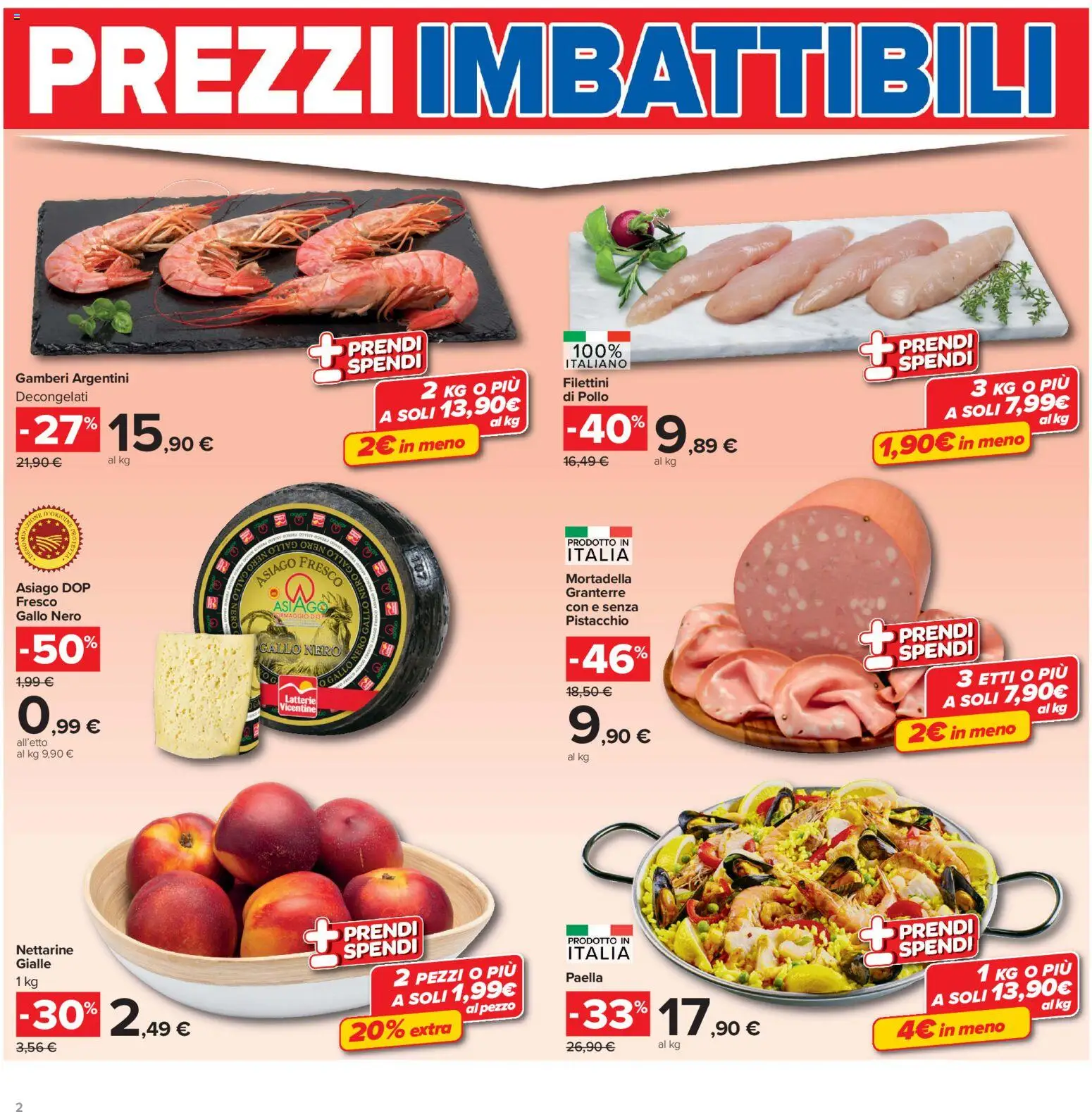 Volantino Carrefour del 16.06.2026 | Pagina: 2 | Prodotti: Pollo, Gamberi, Mortadella, Paella