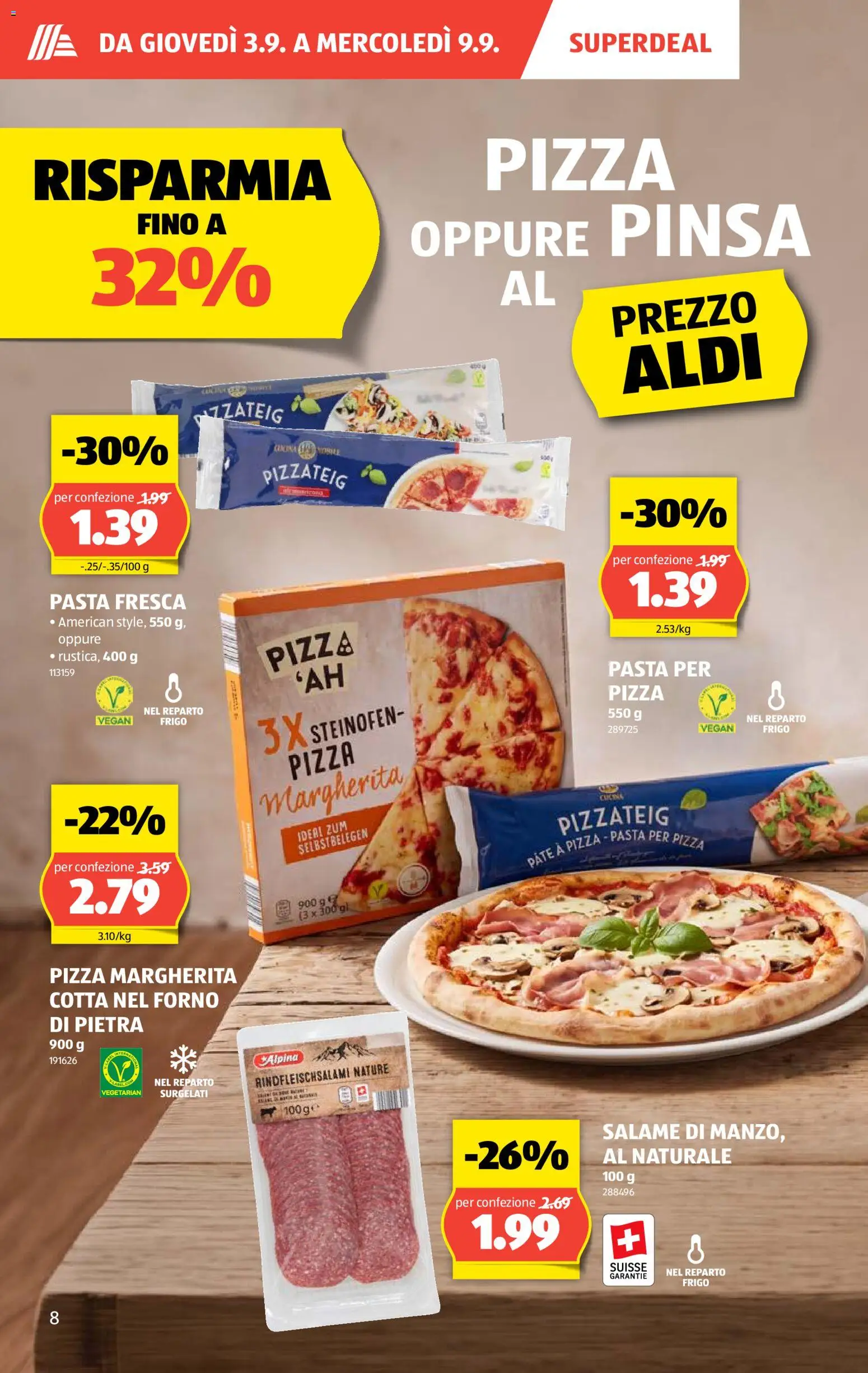 Aldi aktionen IT – gültig ab 03.09.2026 | Seite: 8 | Produkte: Salami, Pizza, Pasta