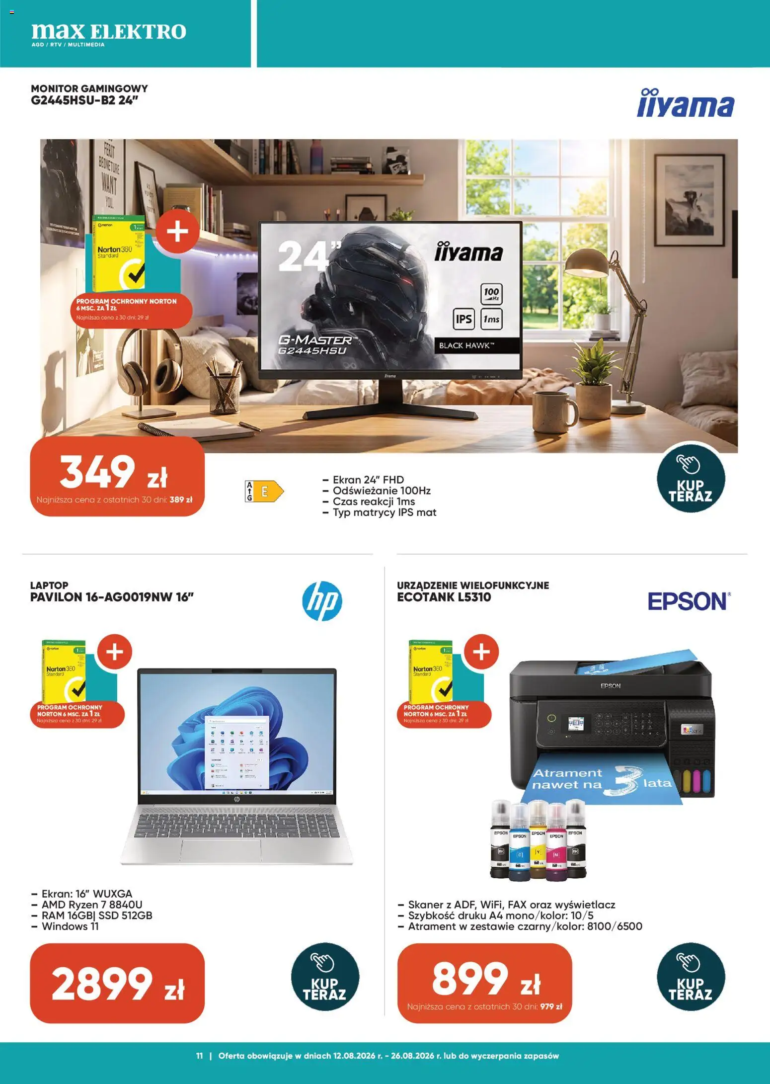 Max elektro gazetka od 12.08.2026 | Strona: 11 | Produkty: Laptop, Monitor, Skaner